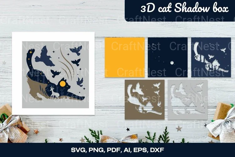 3D Cat Shadow Box Layered Papercut Clipart Bundle