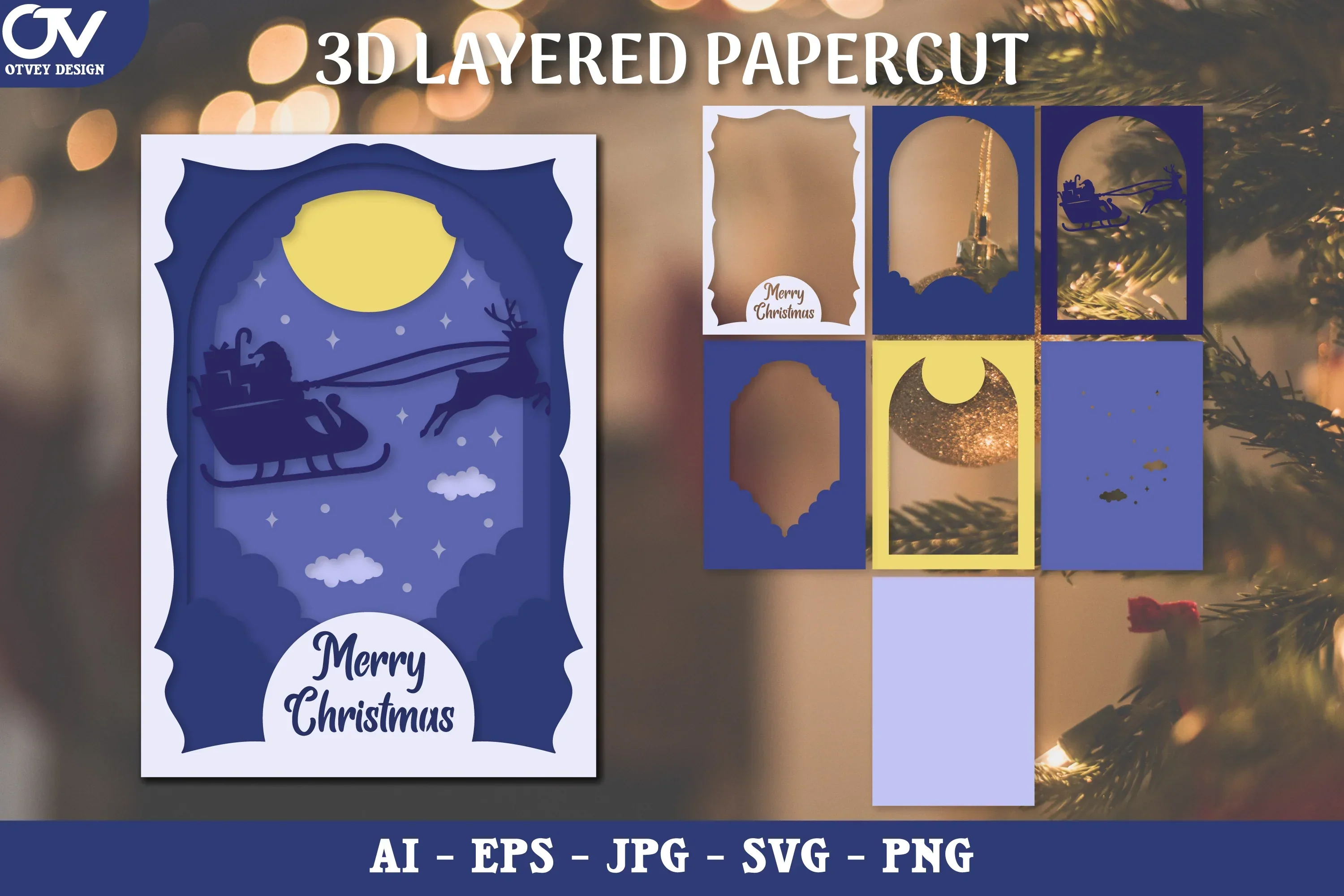 3D Christmas Deer with Santa Sleigh Layered Papercut SVG Bundle