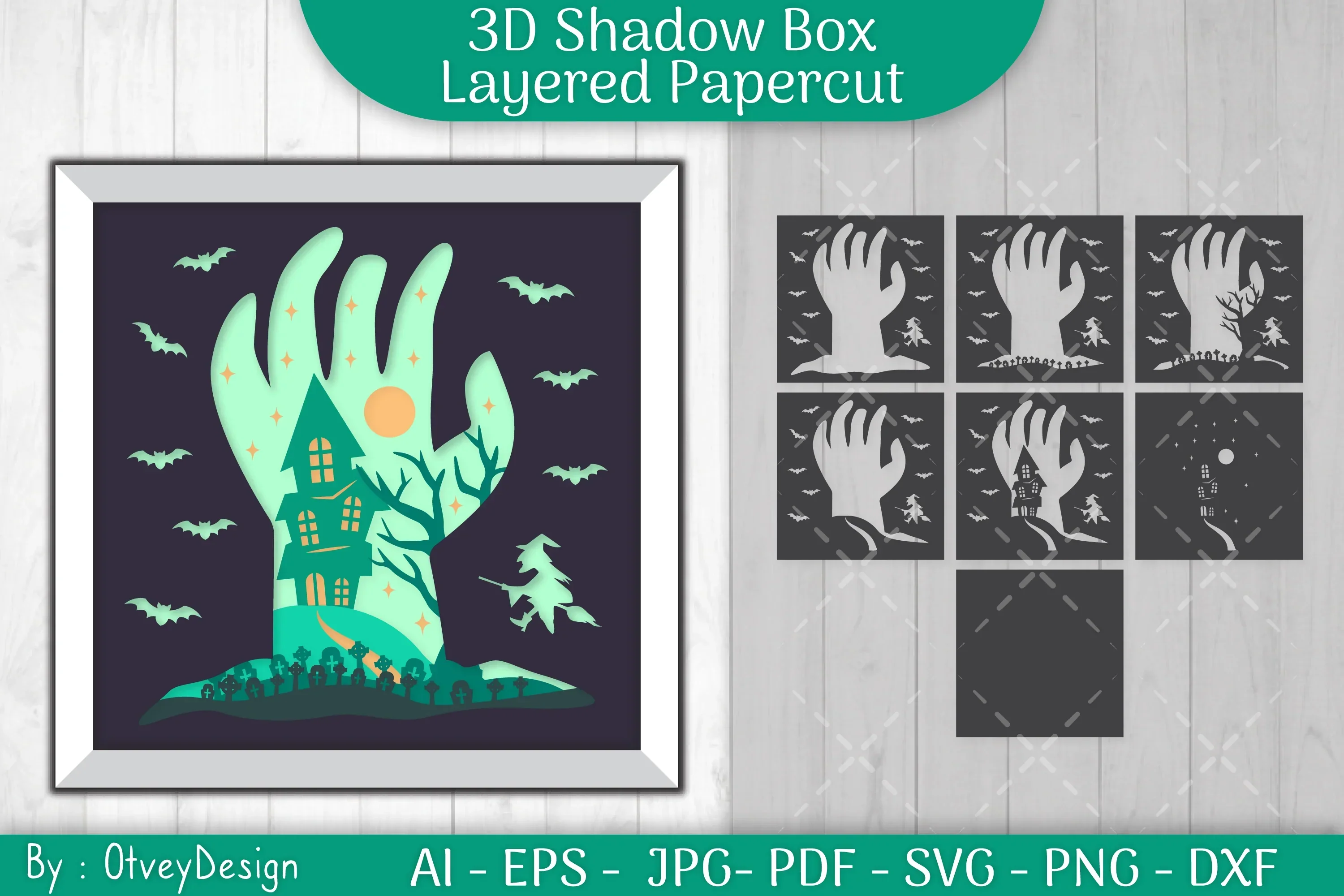 3D Halloween Scene Hand Shadow Box SVG Bundle