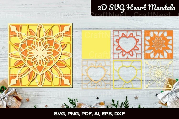 3D Layered Heart Mandala Love Shape Clipart Bundle