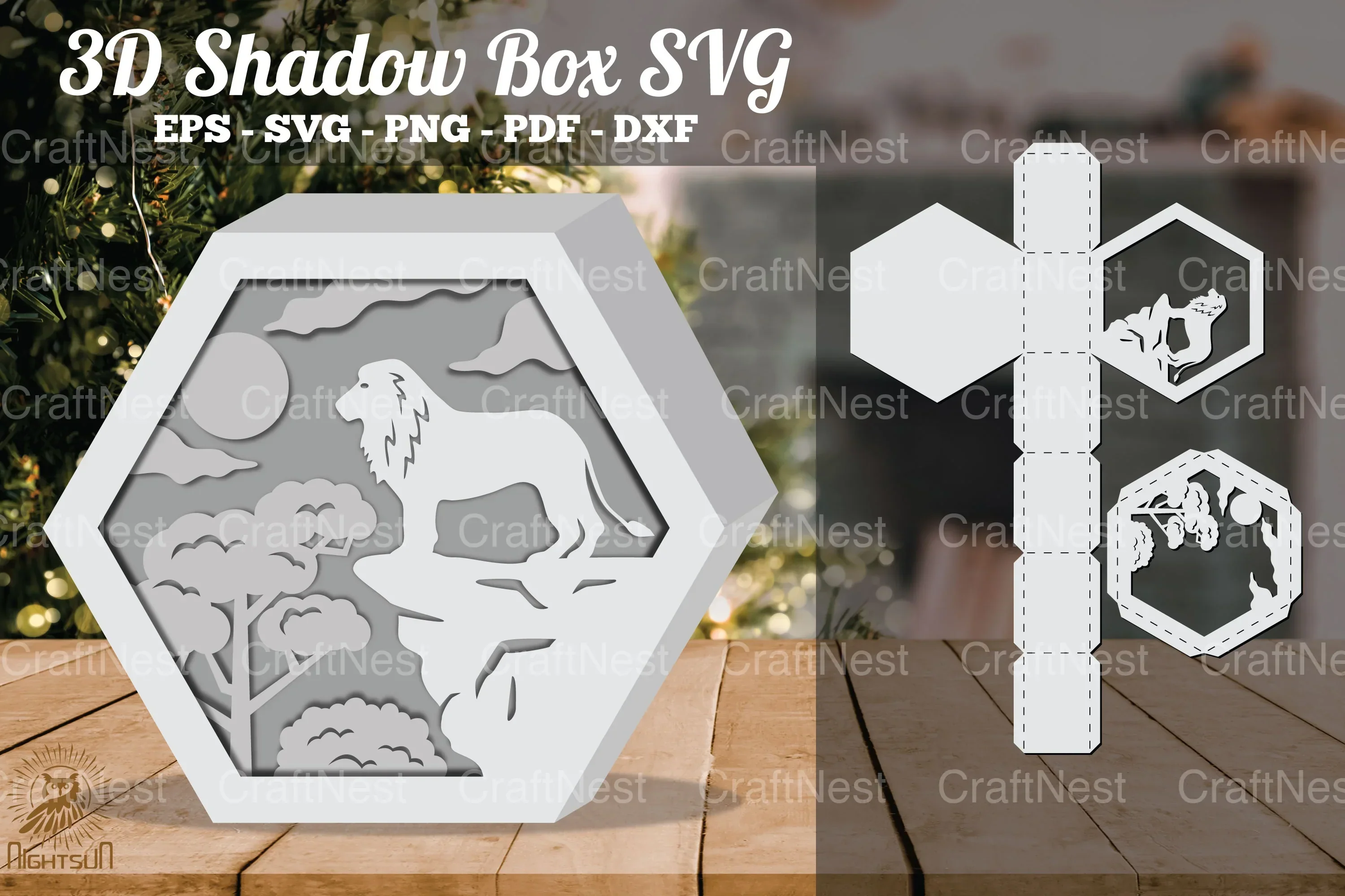3D Lion in Forest Shadow Box SVG Bundle