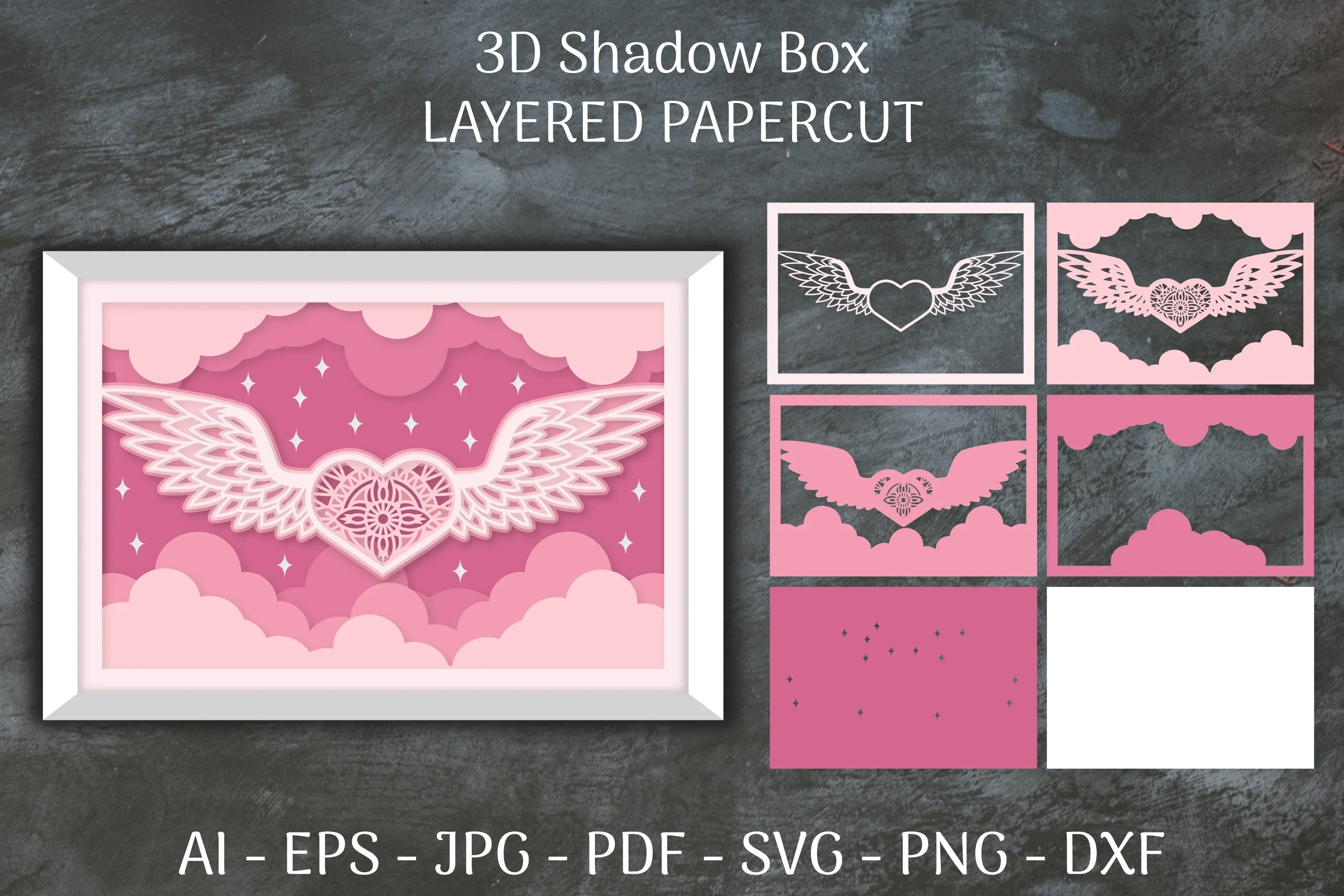 3D Shadow Box Love Angel Wings Layered Papercut SVG Bundle - Image 2
