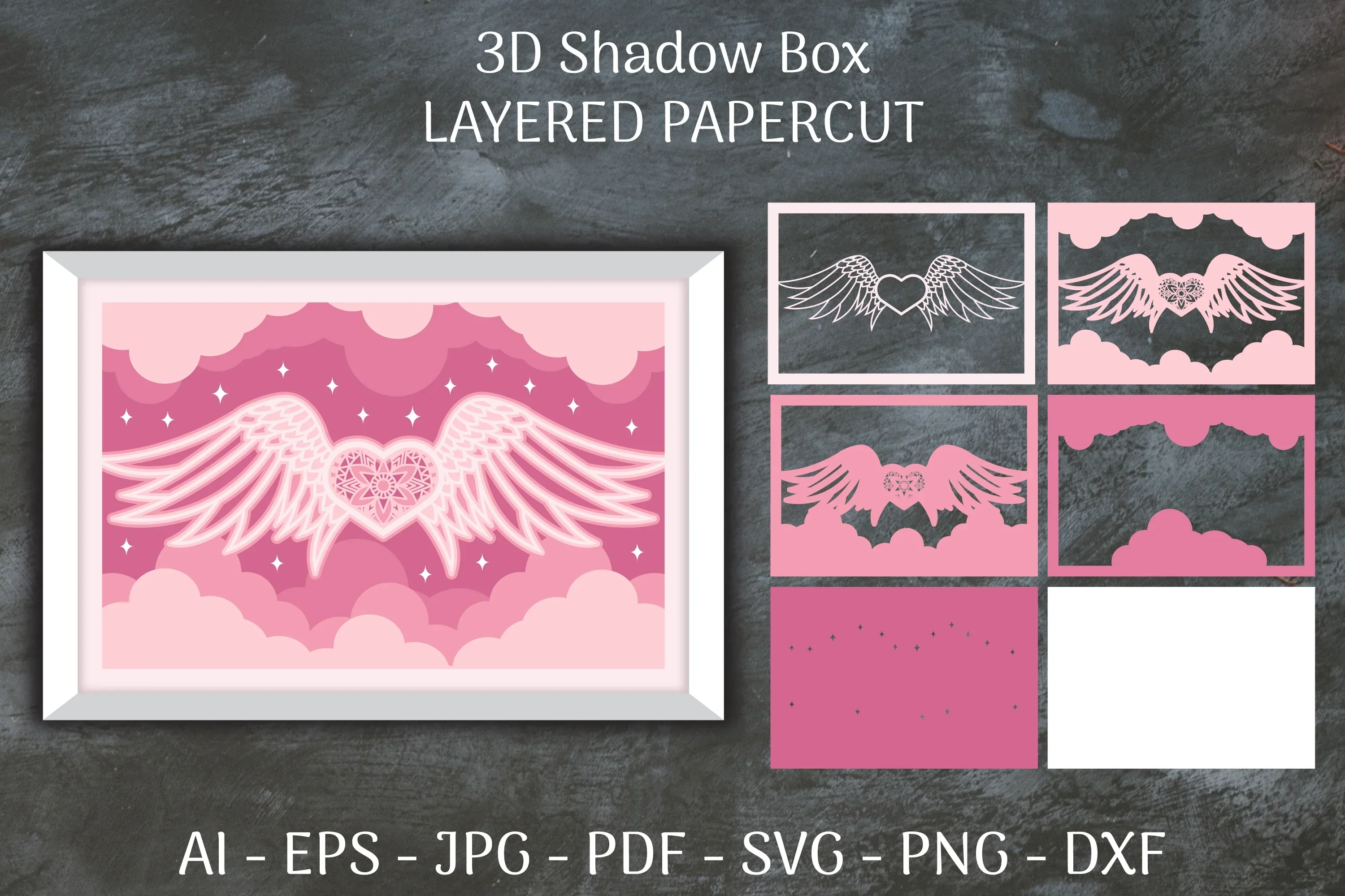 3D Shadow Box Love Angel Wings Layered Papercut SVG Bundle