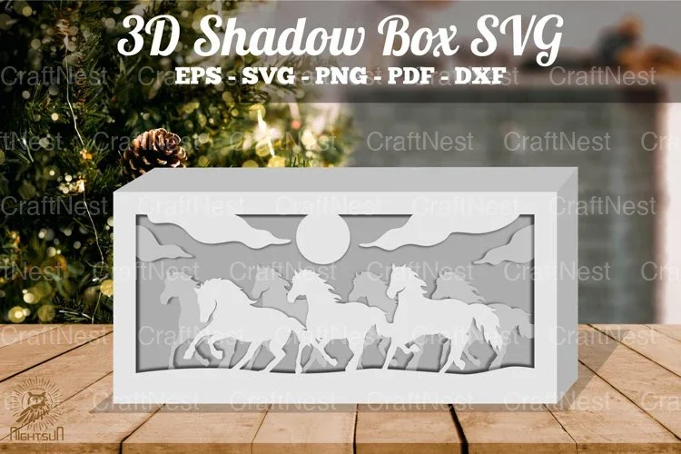 3D Shadow Box SVG of 7 Running Horses - Clipart Bundle