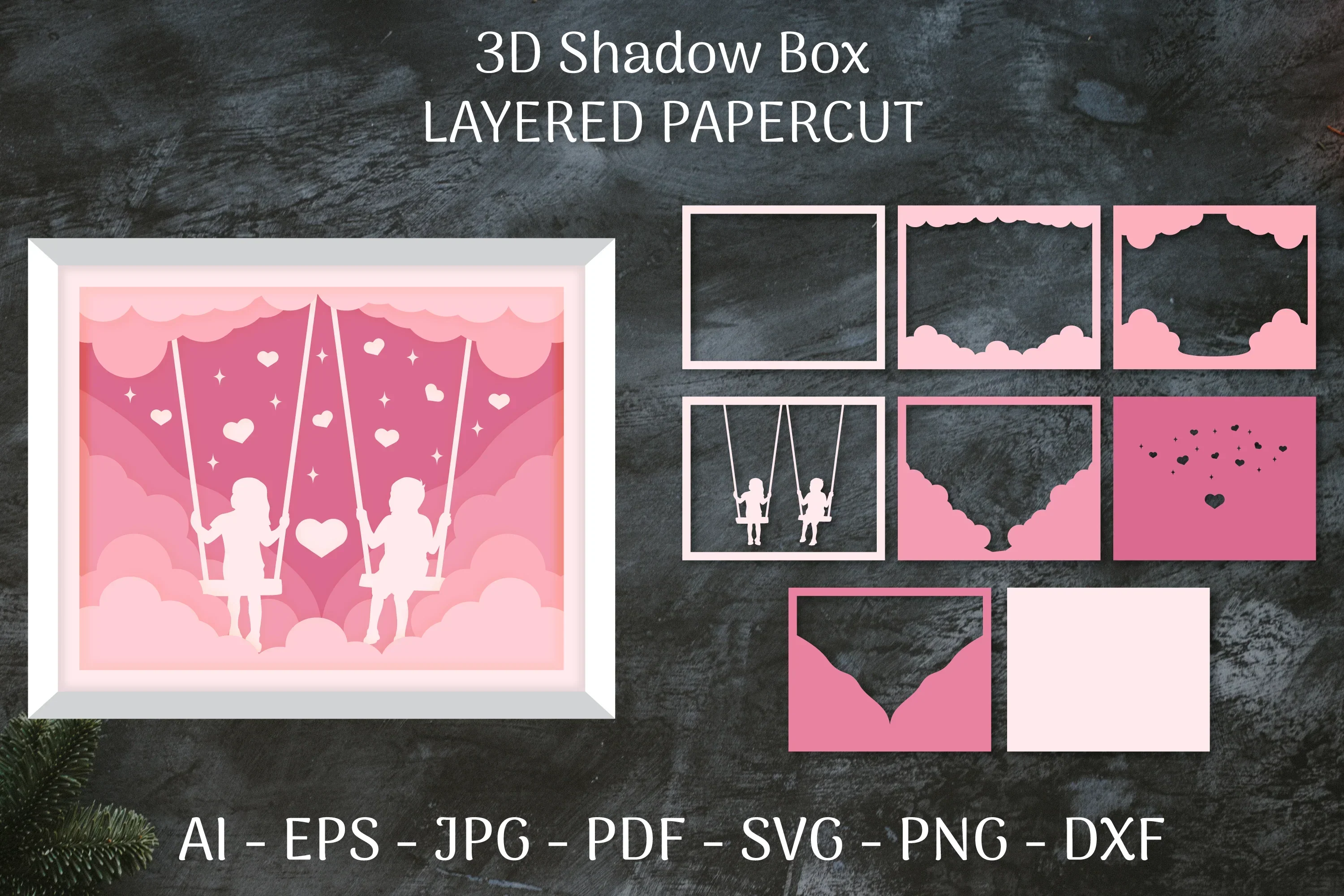 3D Shadow Box Valentine's Layered Papercut SVG Bundle