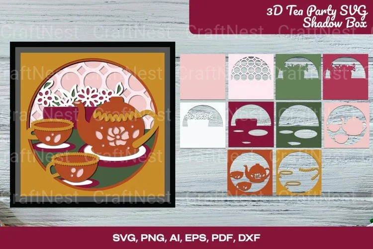 3D Tea Party Shadow Box SVG Bundle