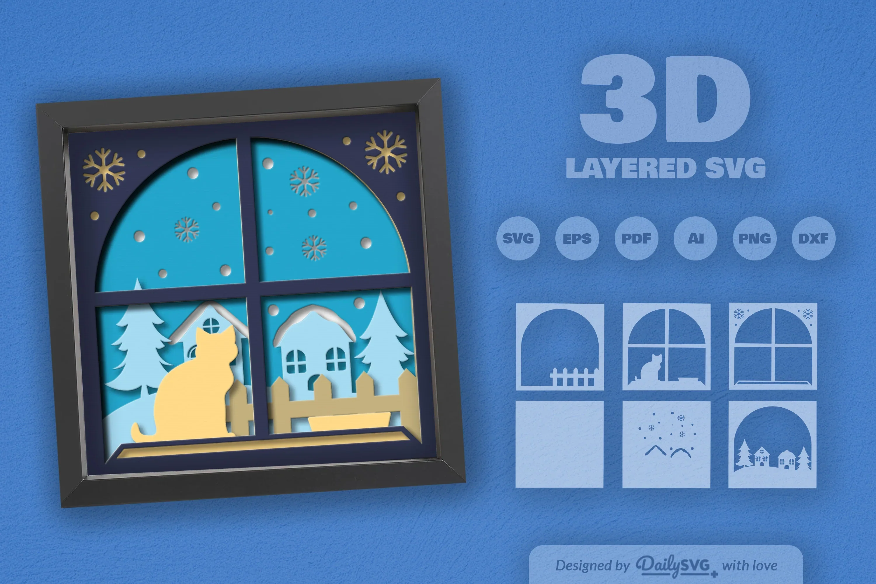 3D Winter Cat on Windows Papercut SVG Bundle - Image 2