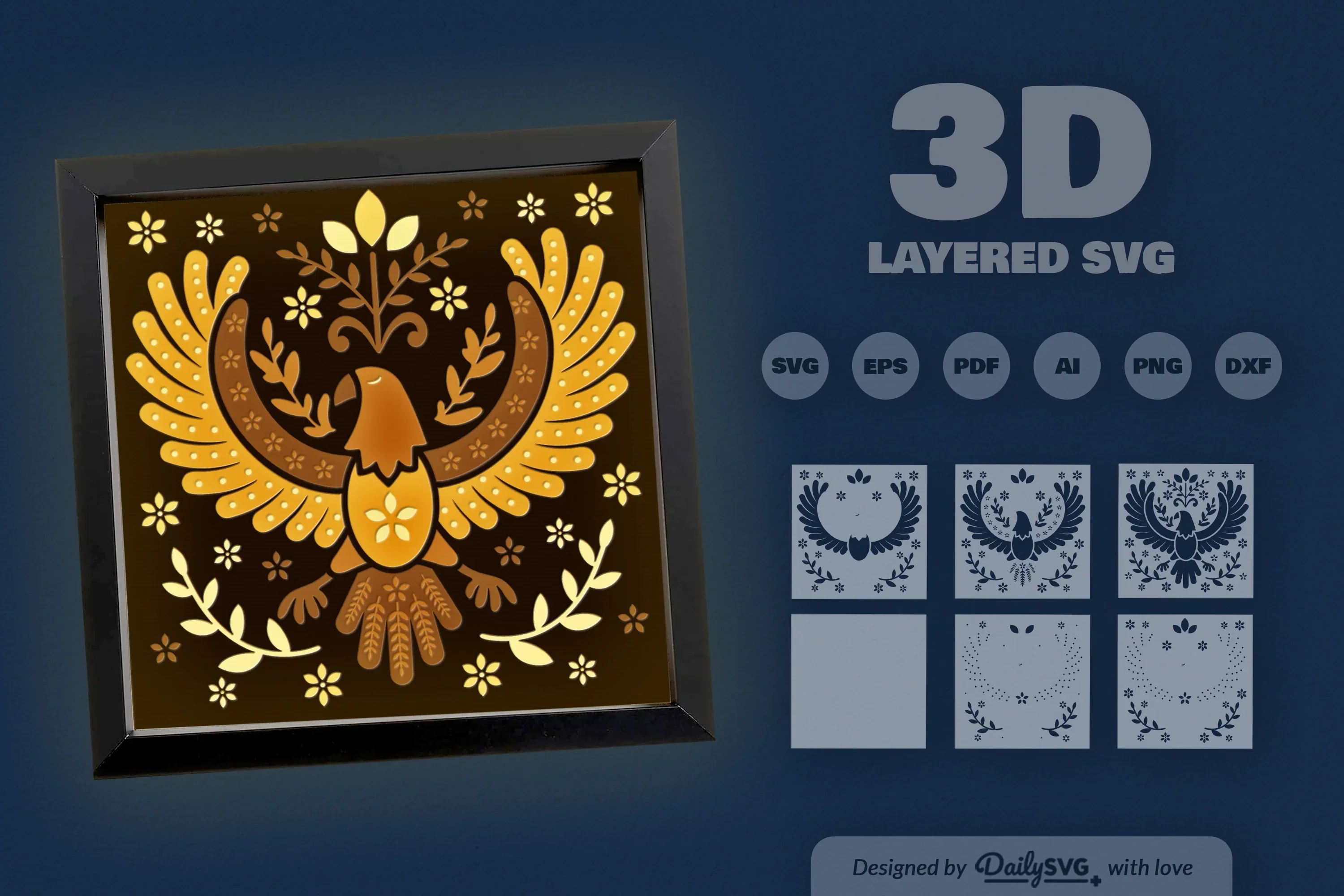 4th July Eagle Folk Art Papercut Shadow Box SVG Bundle - Image 3