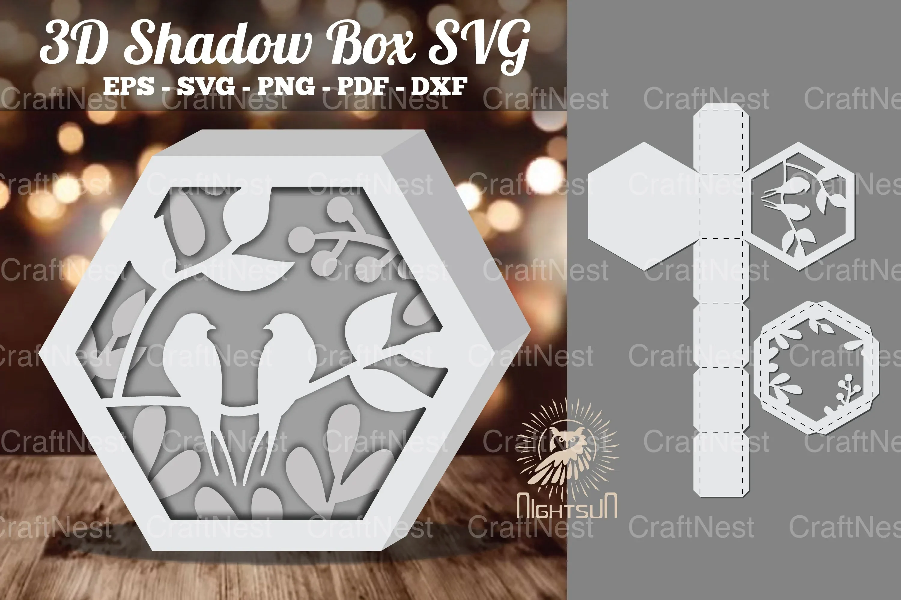 Birds Hexagon Shadow Box Clipart Bundle