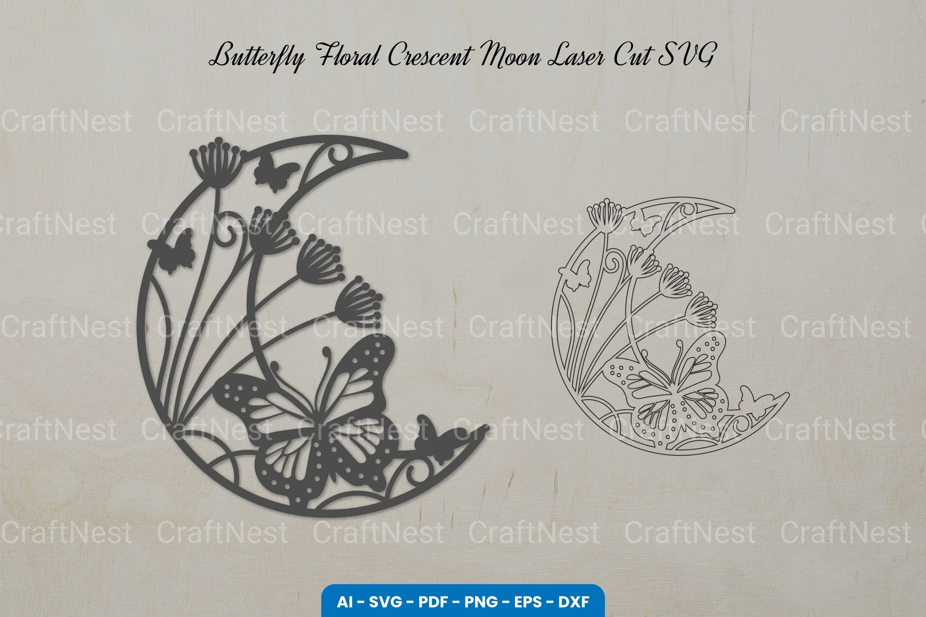 Butterfly Floral Crescent Moon Laser Cut Clipart Bundle