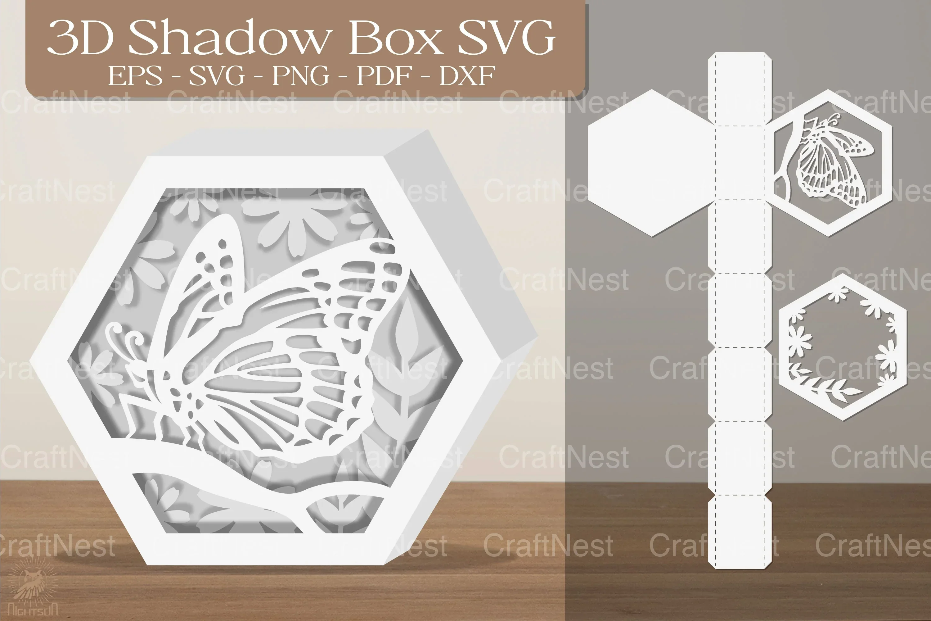 Butterfly Hexagon 3D Shadow Box Clipart Bundle