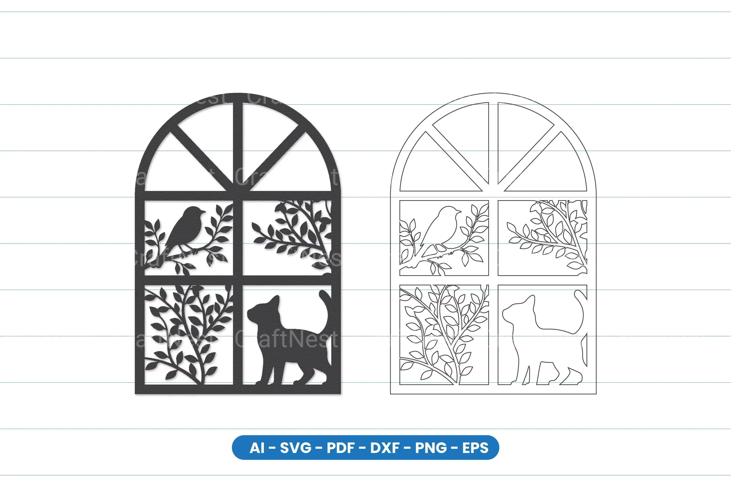 Cat and Bird Window Scene Laser Cut SVG Bundle