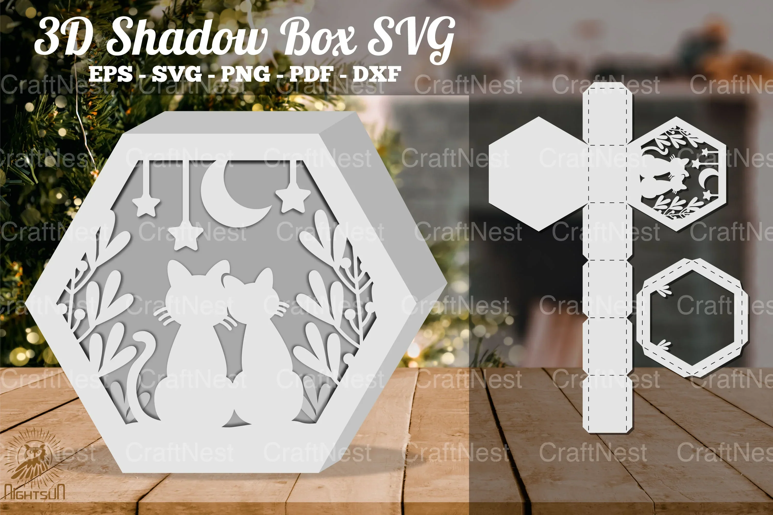 Cat and Moon 3D Shadow Box SVG Bundle