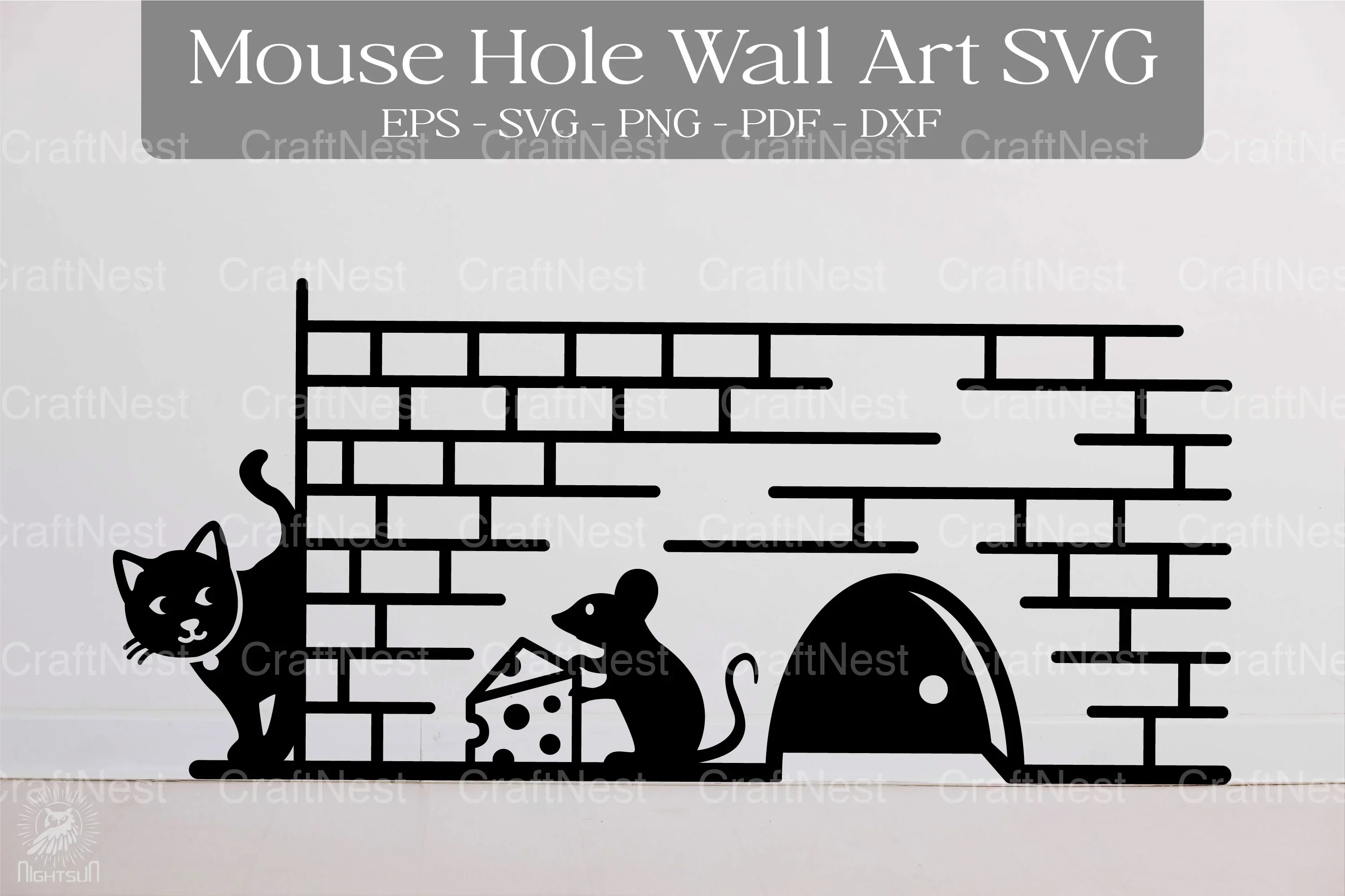 Cat and Mouse Hole Wall Art Clipart Bundle