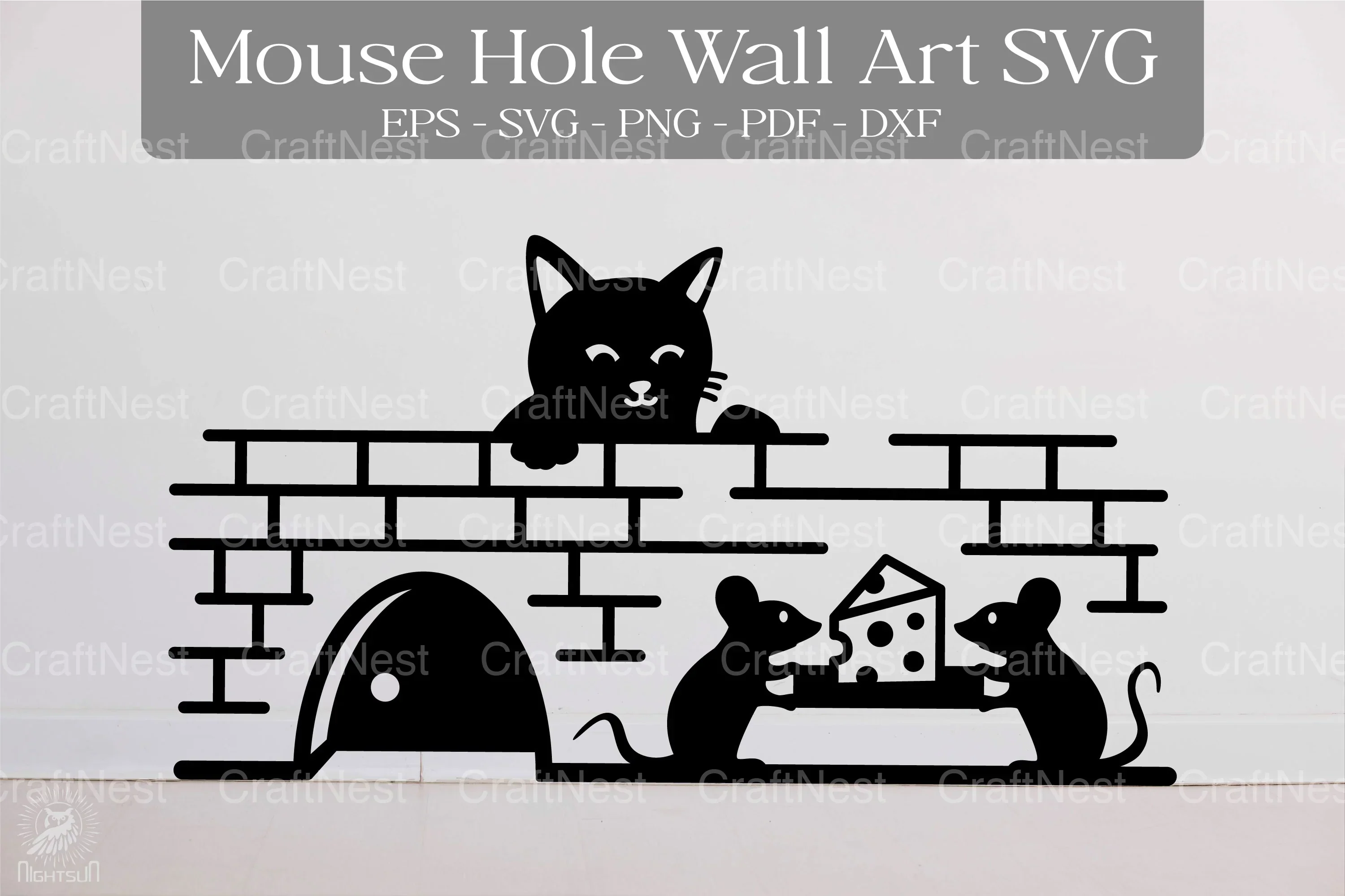 Cat and Mouse Hole Wall Art Sticker Clipart Bundle