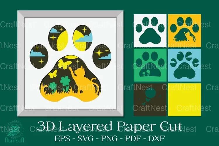 Cat Footprint 3D Layered Papercut Clipart Bundle