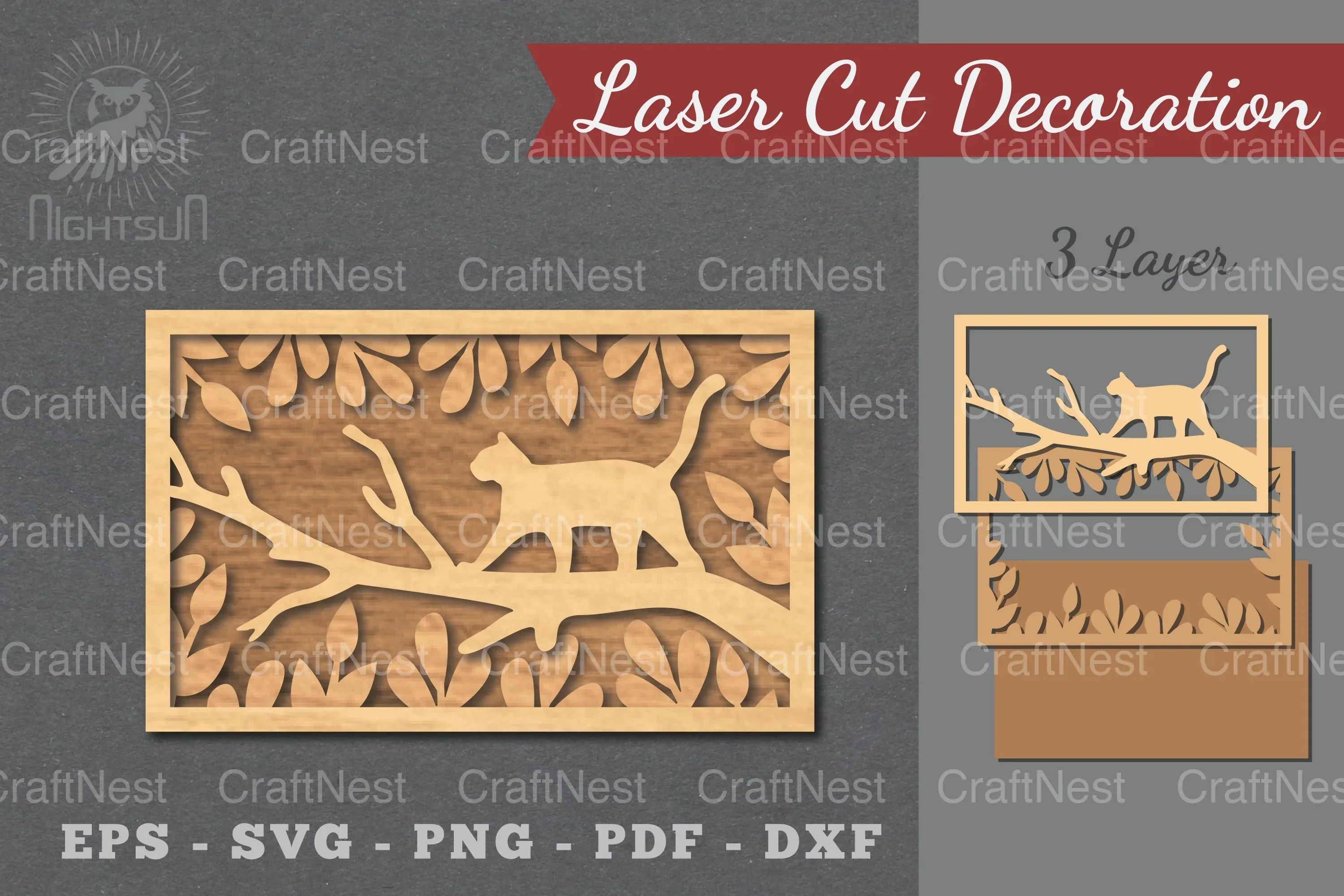 Cat in Tree Laser Cut Home Decor Clipart Bundle