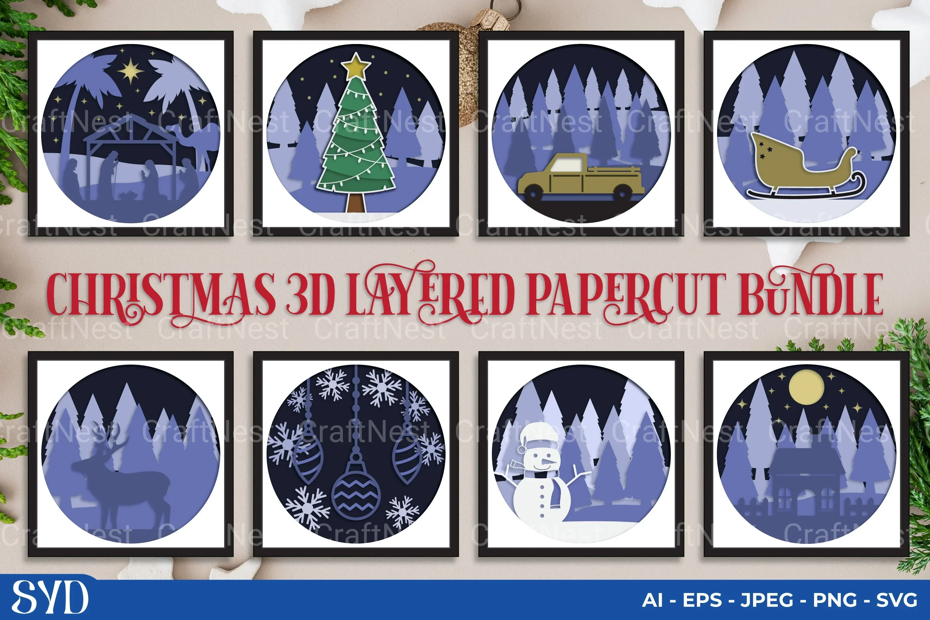 Christmas 3D Layered Papercut Clipart Bundle