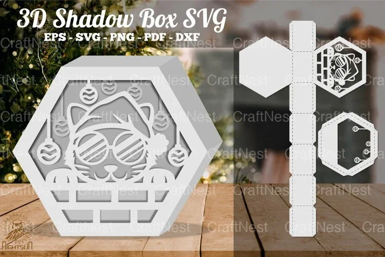 Christmas Cat Hexagon Shadow Box Clipart Bundle
