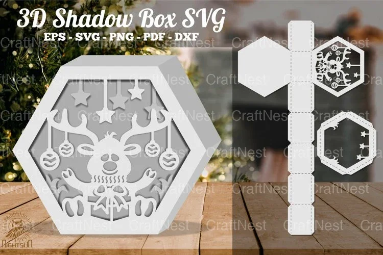 Christmas Deer Hexagon Shadow Box Clipart Bundle