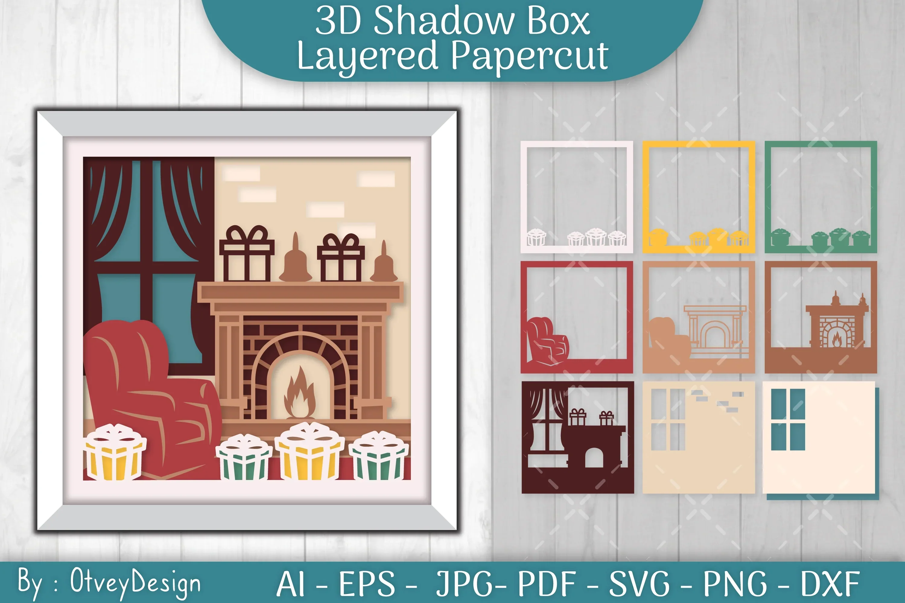 Christmas Fireplace 3D Shadow Box SVG Bundle