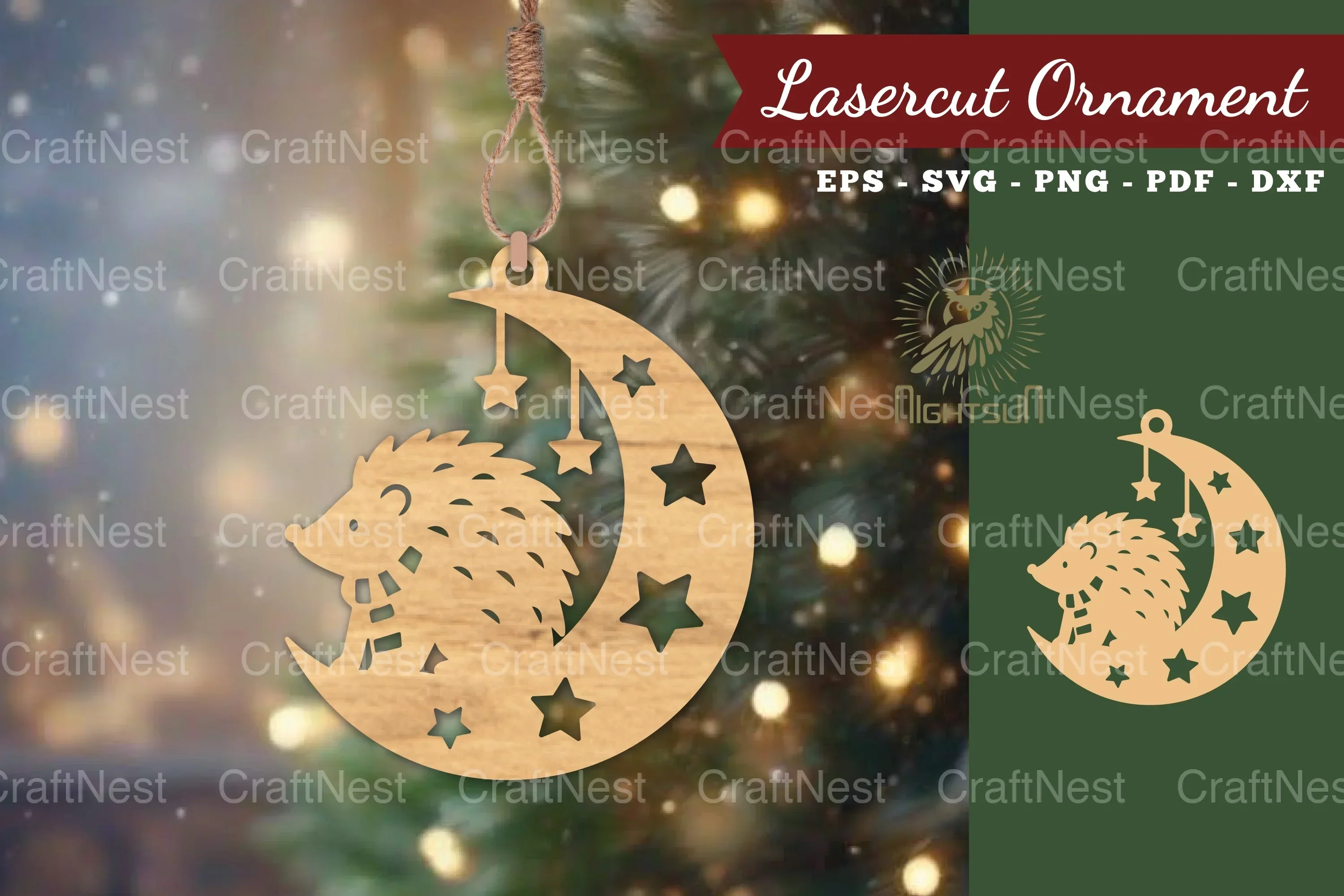 Christmas Hedgehog in Moon Lasercut Ornament Clipart Bundle