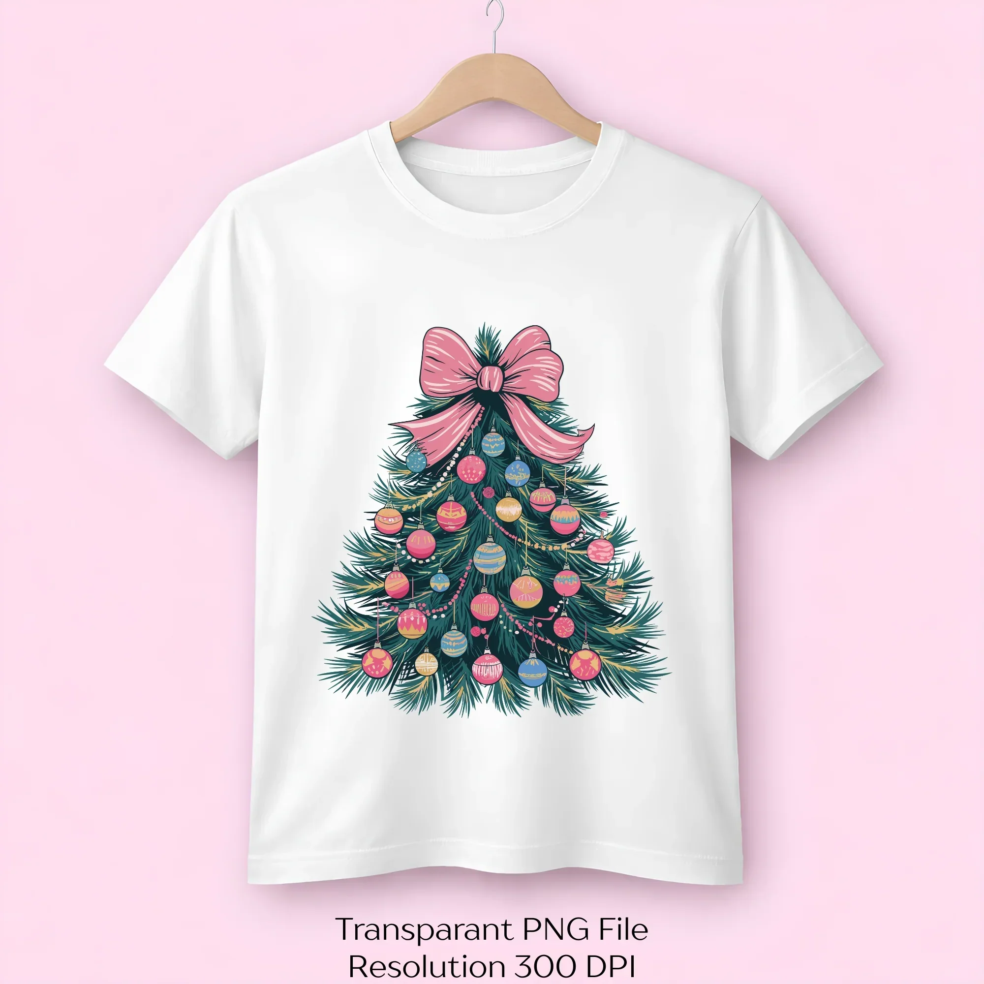 Christmas Tree Pink Bow Ornaments Clipart Bundle