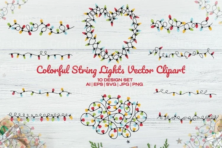 Colorful String Lights Clipart Bundle