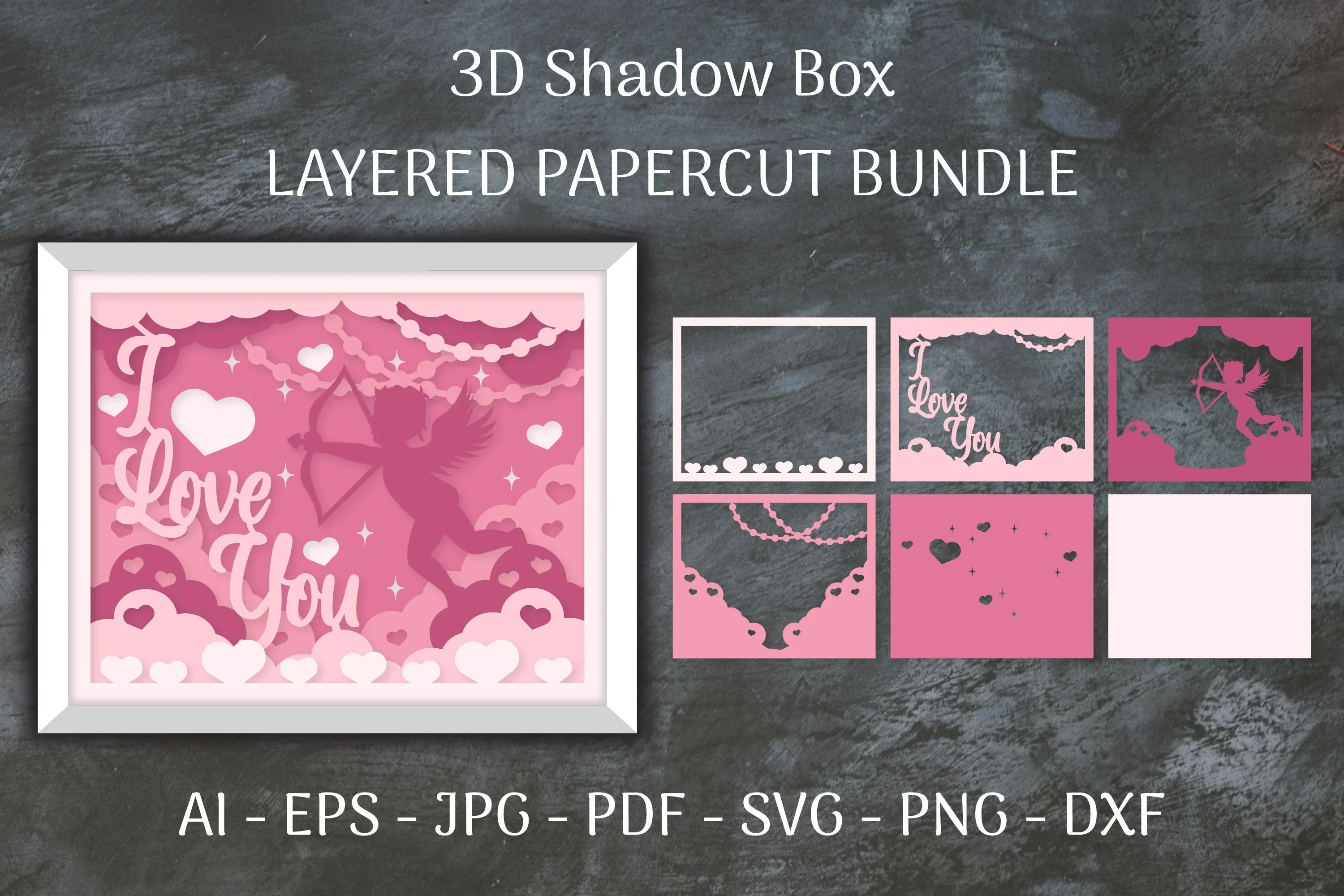 Cupid I Love You 3D Shadow Box Papercut SVG Bundle