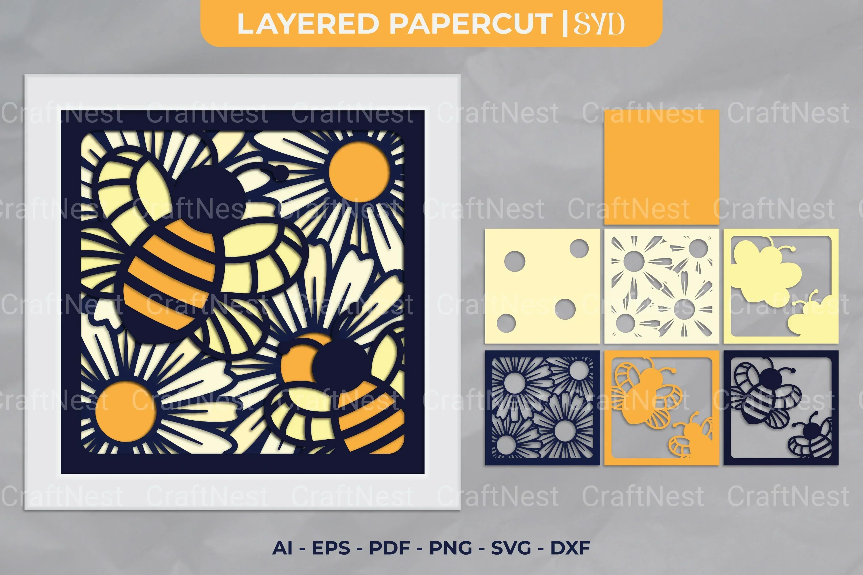 Daisy with Bee 3D Layered Papercut SVG Bundle
