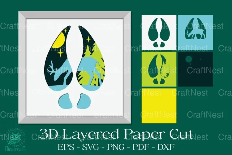 Deer Footprint 3D Layered Papercut Clipart Bundle