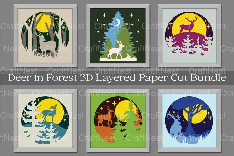 Deer in Forest 3D Layered Paper Cut Clipart Bundle