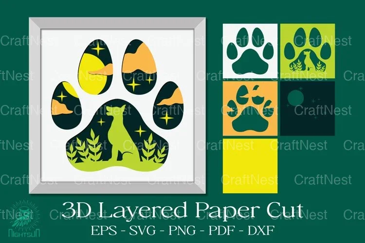 Dog Footprint 3D Layered Papercut Clipart Bundle