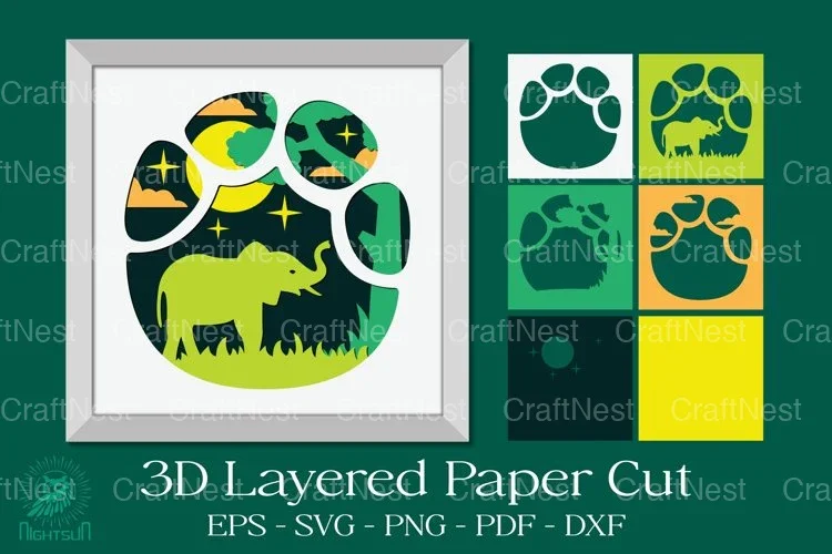 Elephant Footprint 3D Layered Papercut Clipart Bundle