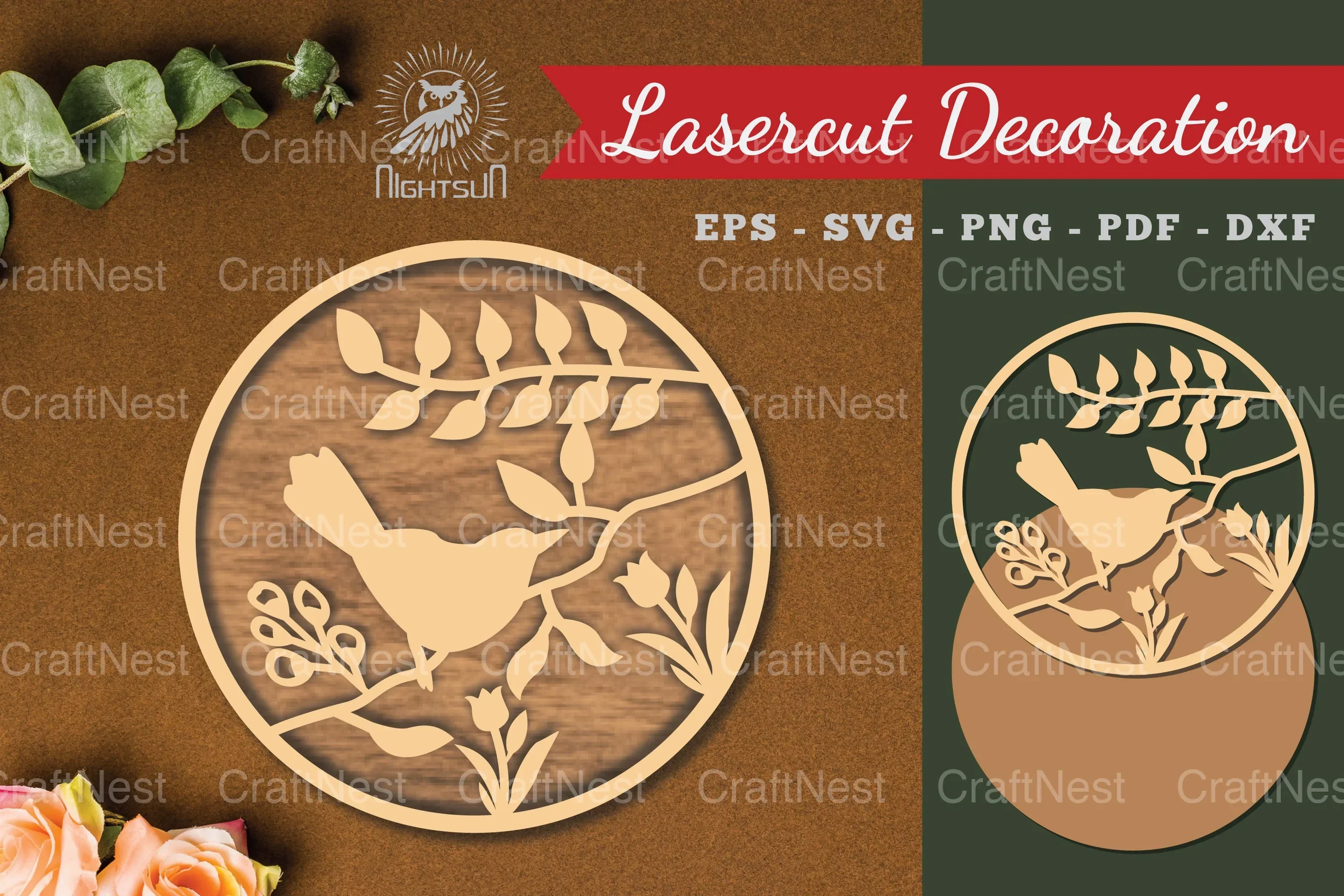 Floral Bird Round Laser Cut Decoration Clipart Bundle