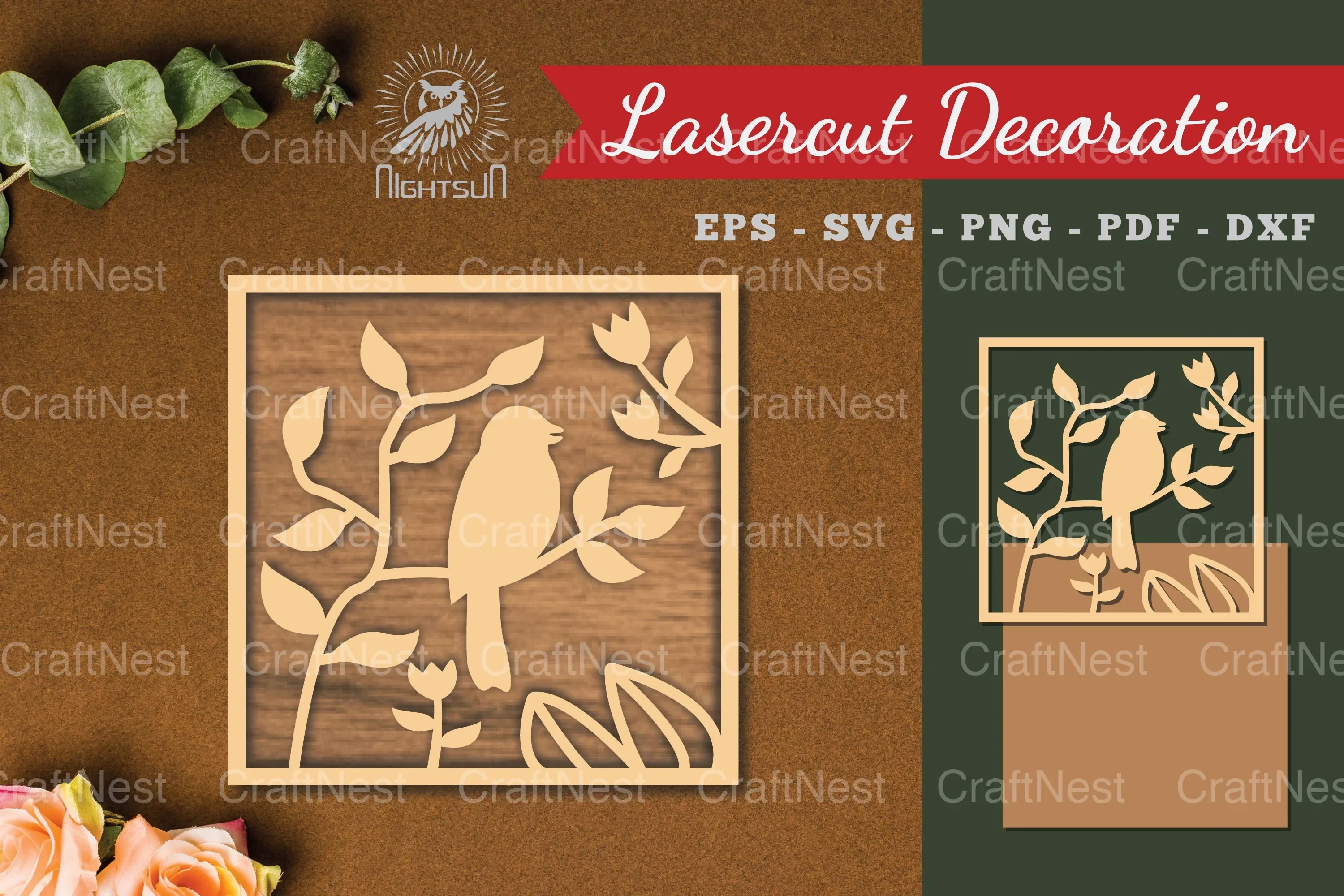 Floral Bird Square Laser Cut Decoration Clipart Bundle