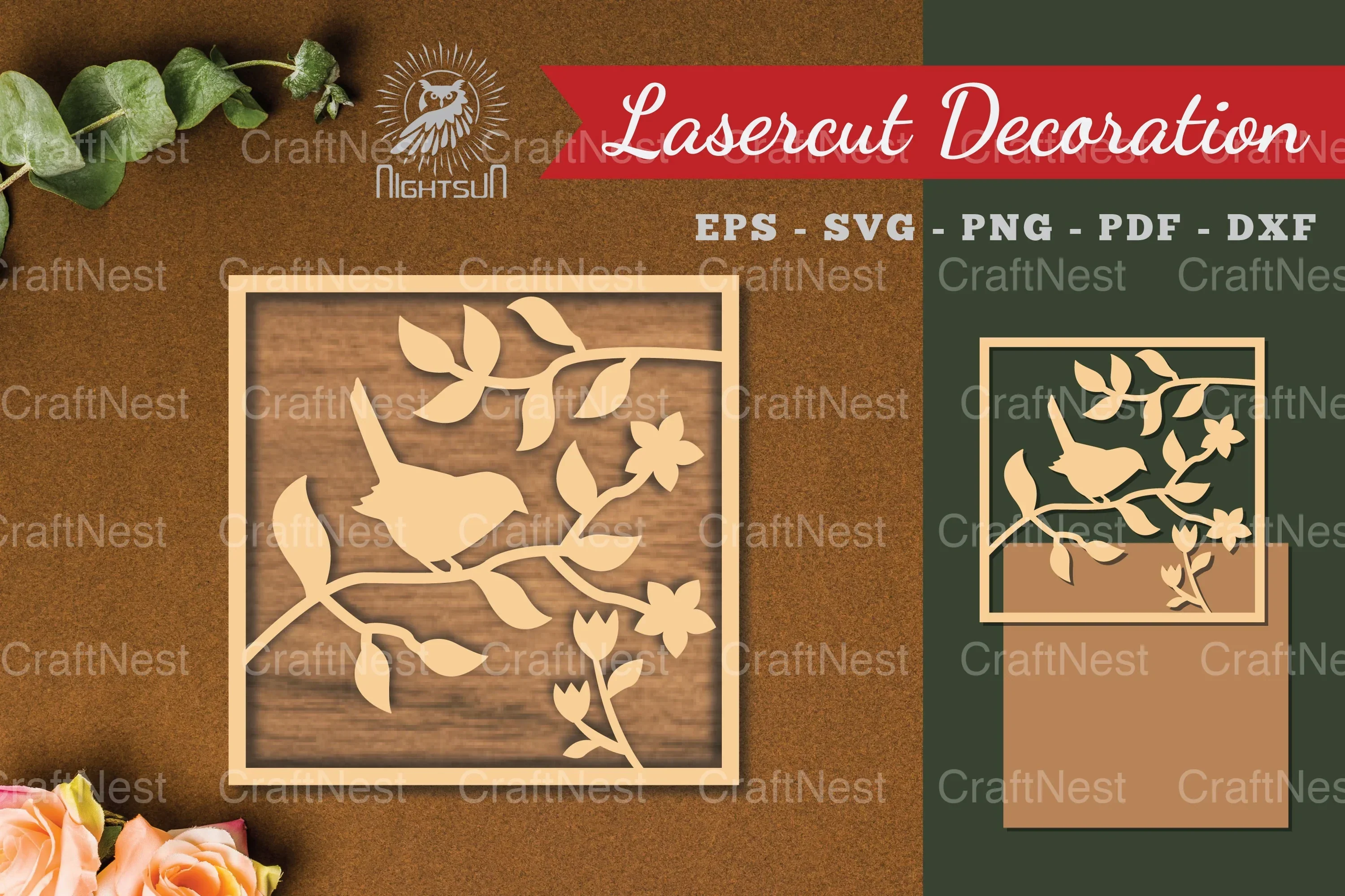 Floral Bird Square Laser Cut Decoration Clipart Bundle