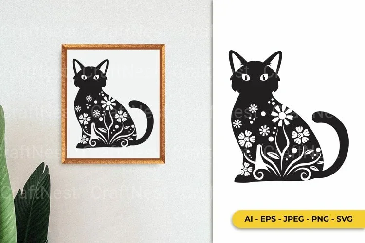Floral Cat Monogram Wall Decor SVG Bundle