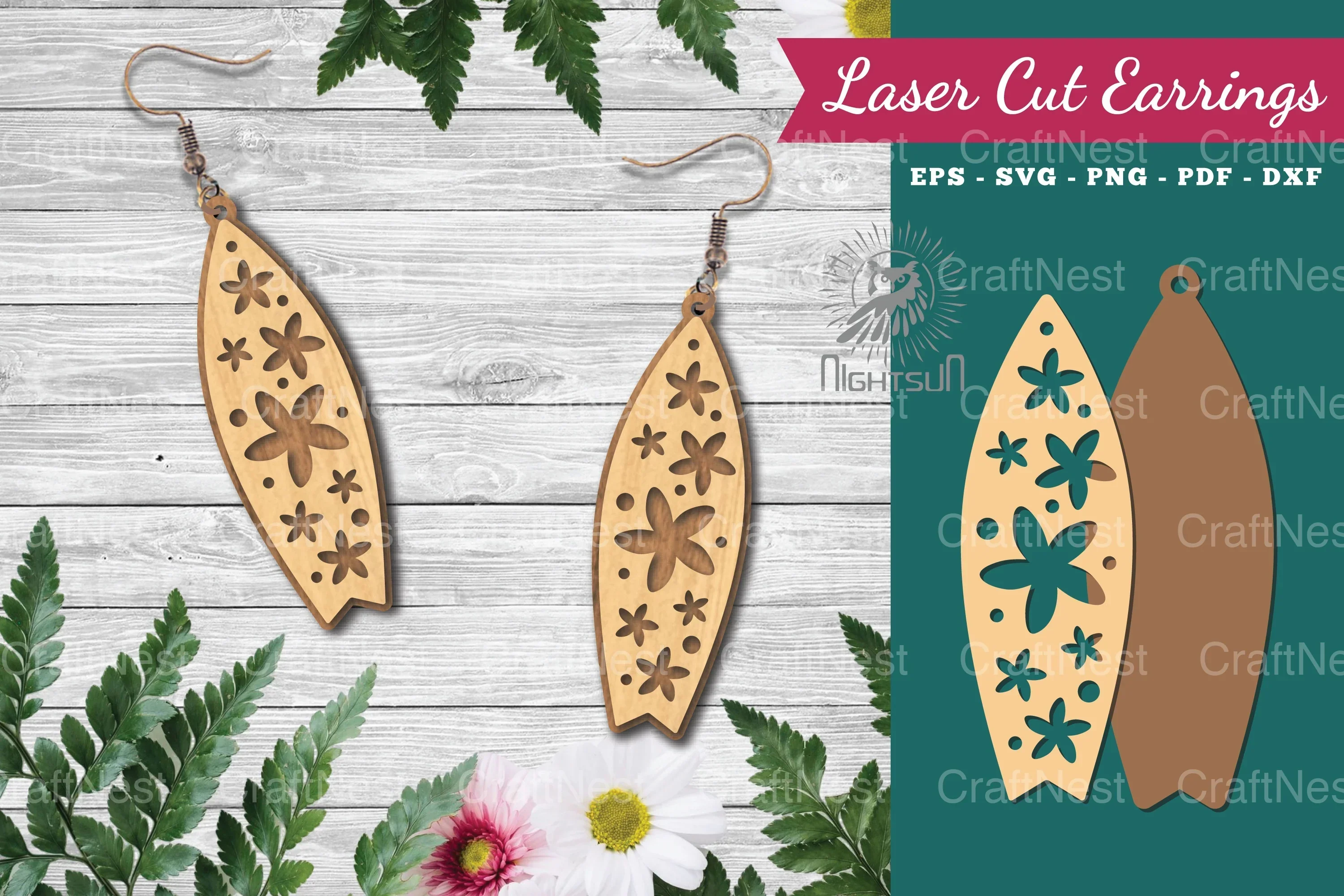 Floral Surfboard Laser Cut Earrings Design Bundle