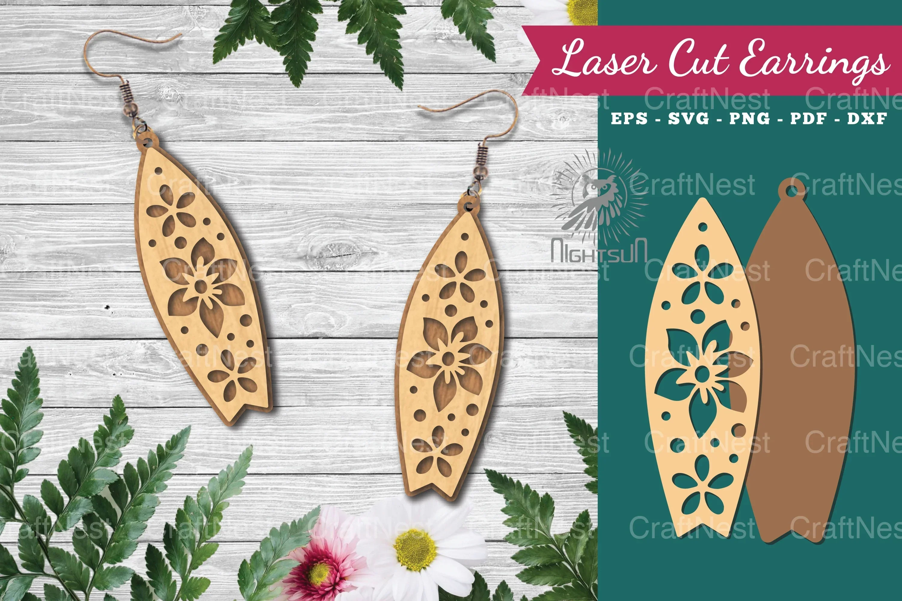 Floral Surfboard Laser Cut Earrings Design Bundle