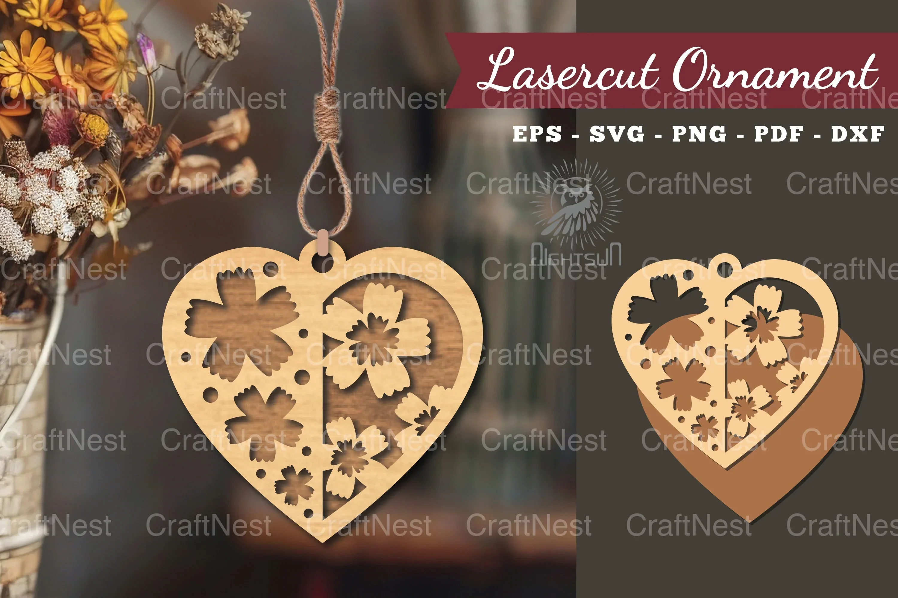 Flowers Heart Laser Cut Ornament Clipart Bundle