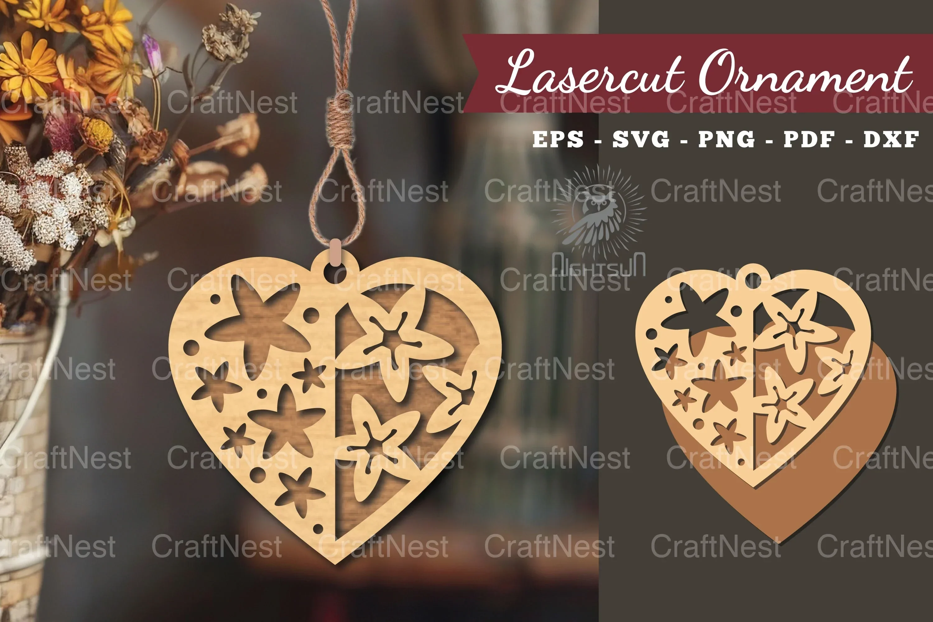 Flowers Heart Laser Cut Ornament Clipart Bundle
