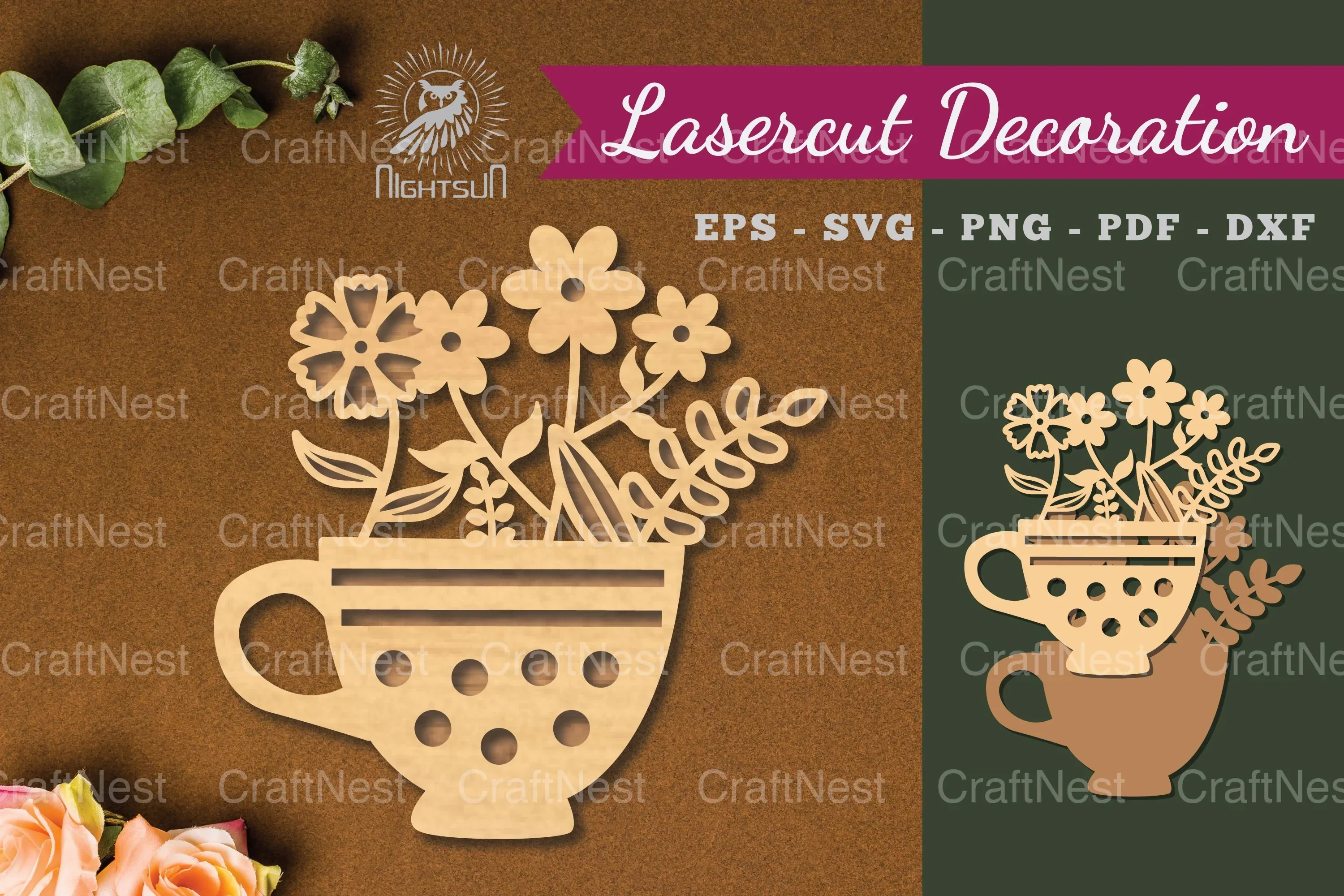 Flowers in Cup Laser Cut Decoration Clipart Bundle