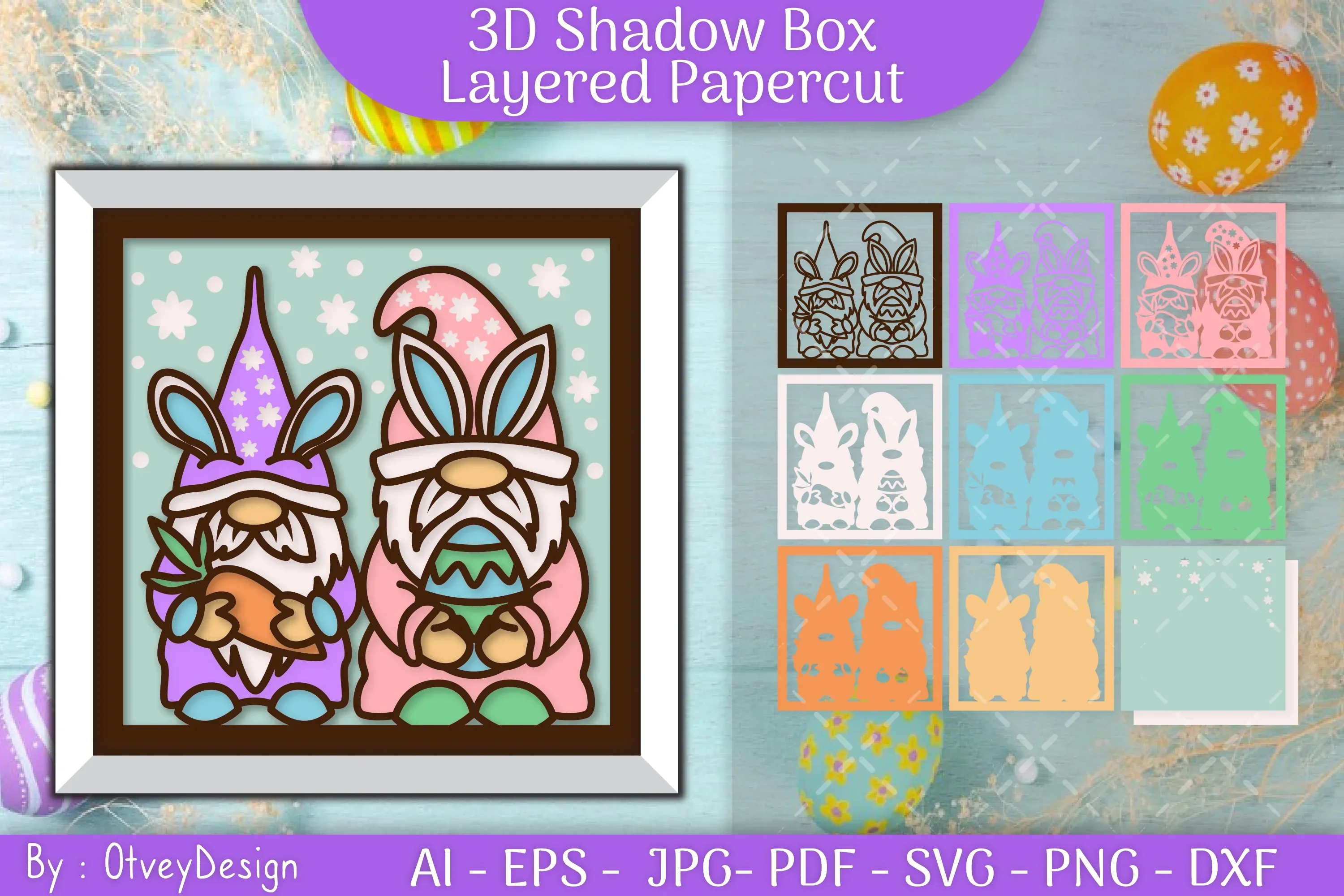 Gnome Easter 3D Shadow Box Layered Papercut SVG Bundle