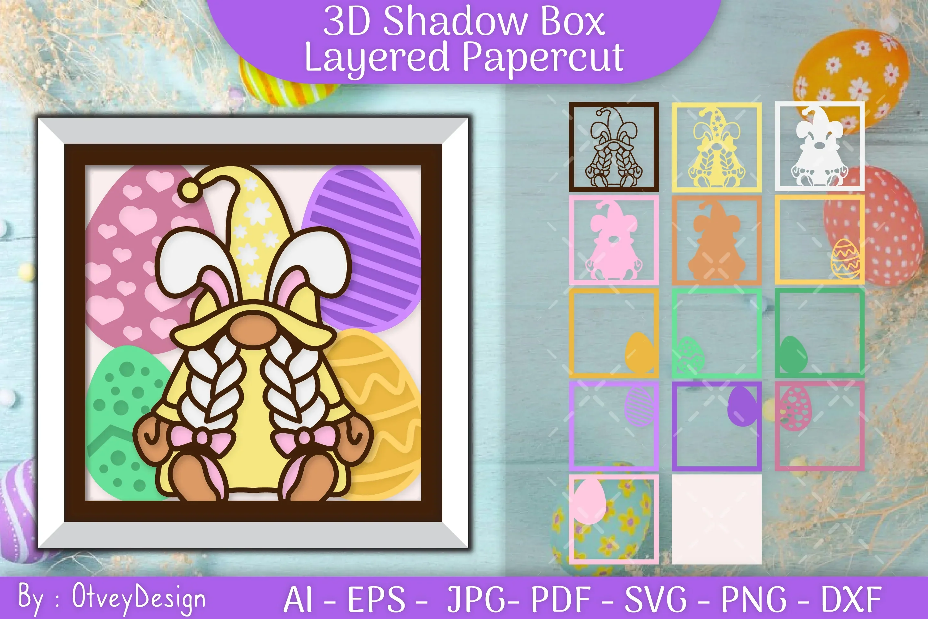 Gnome Easter 3D Shadow Box Layered Papercut SVG Bundle