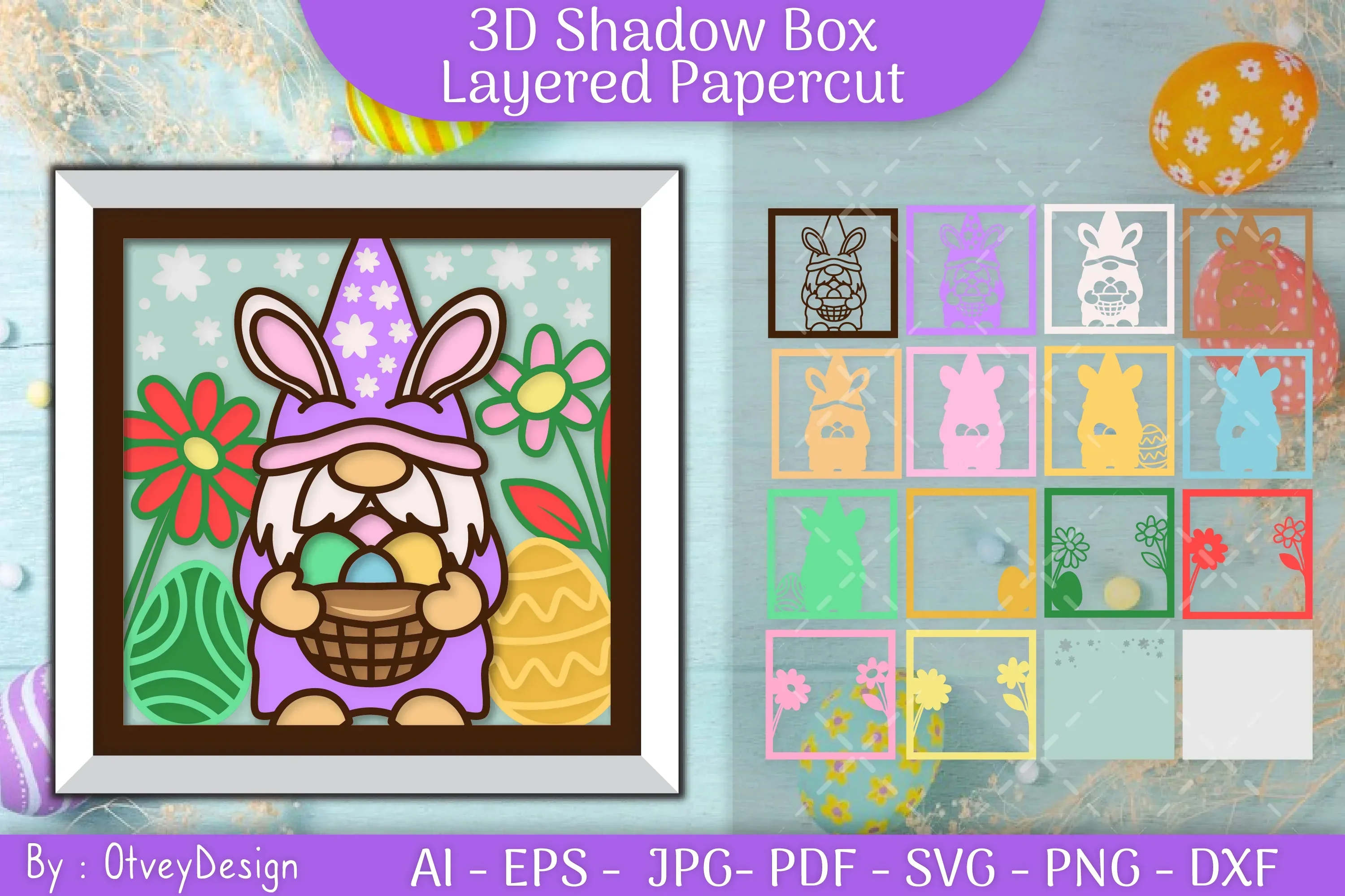 Gnome Easter 3D Shadow Box Layered Papercut SVG Bundle
