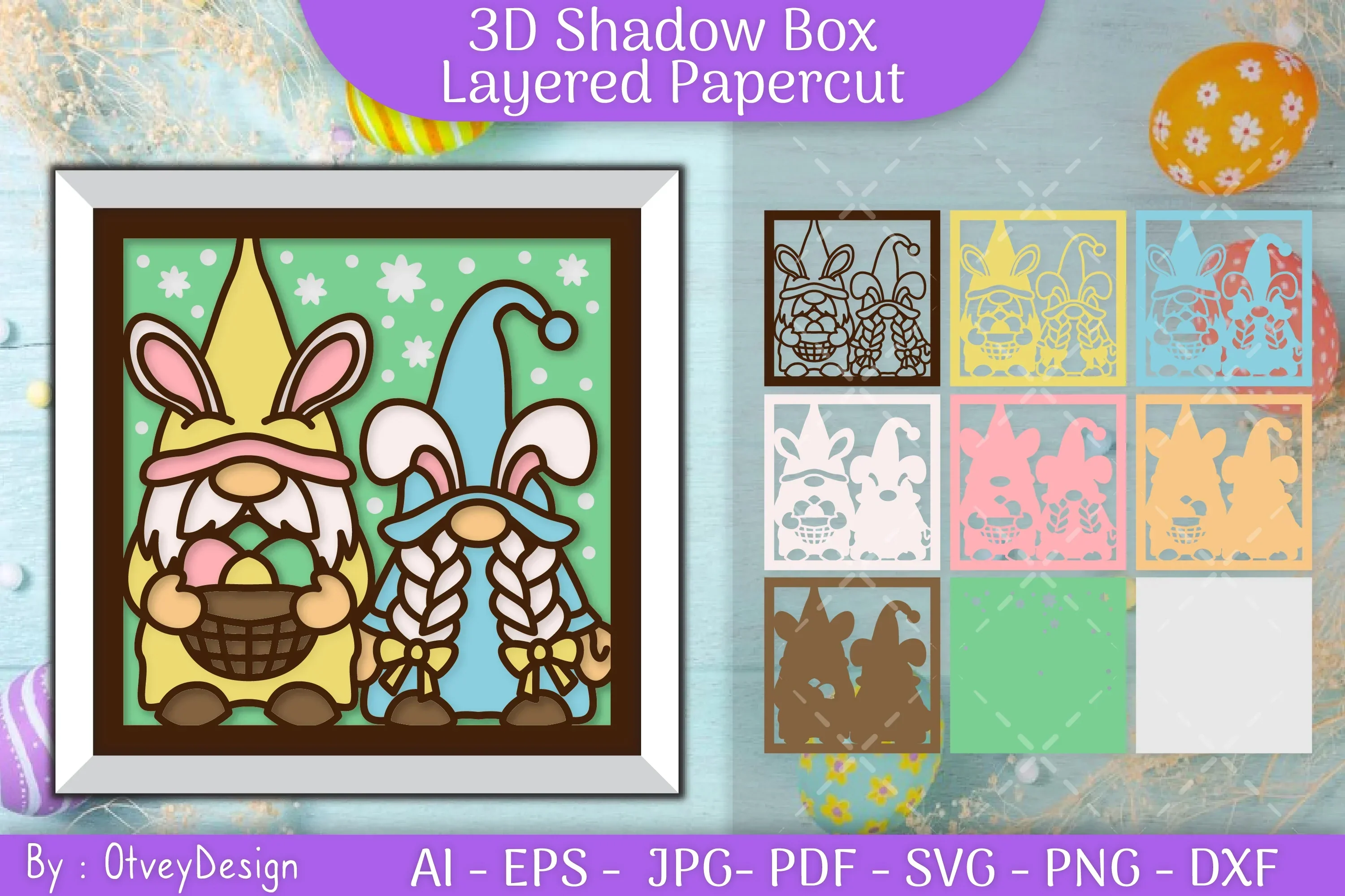 Gnome Easter 3D Shadow Box Layered Papercut SVG Bundle