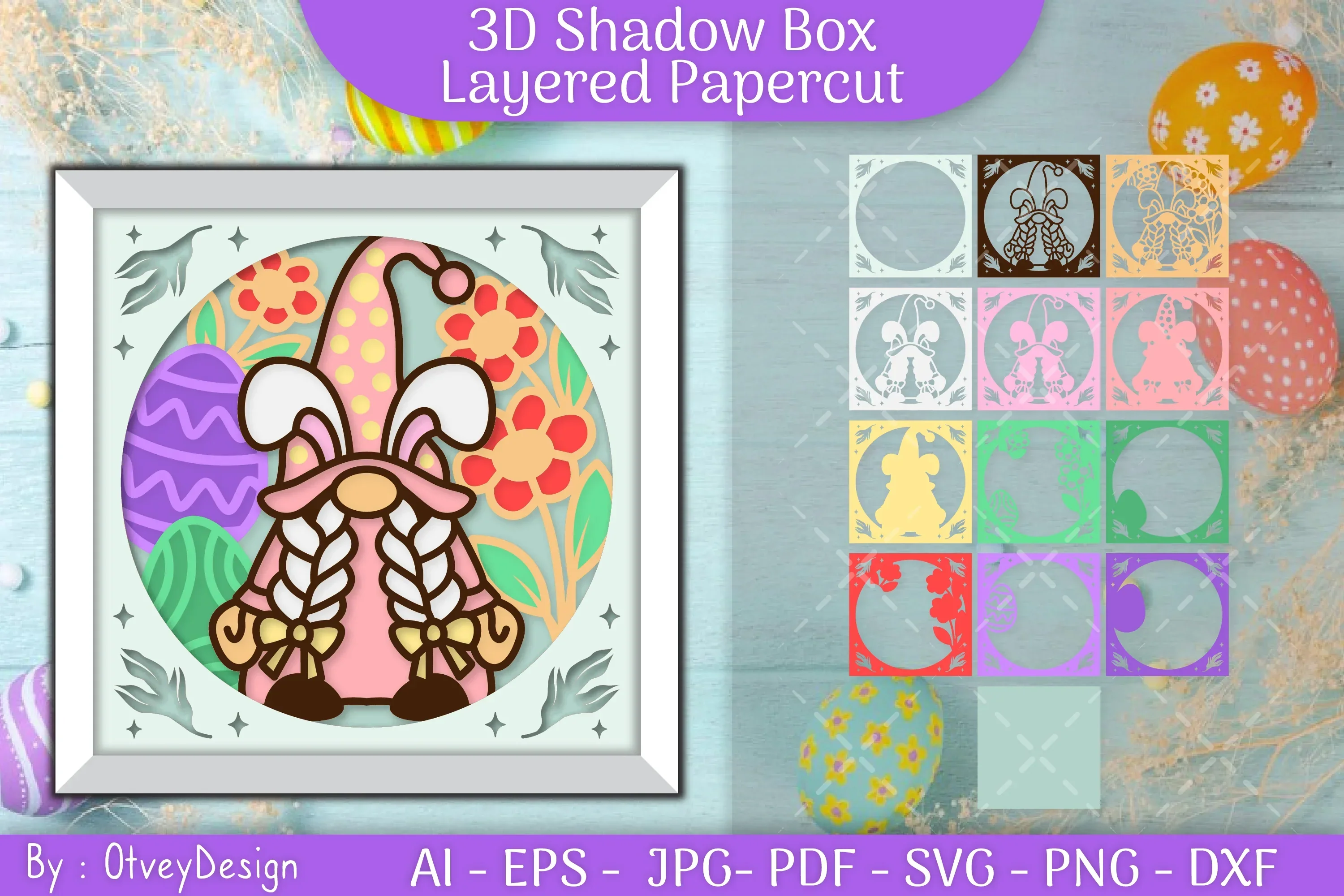 Gnome Easter 3D Shadow Box Papercut SVG Bundle