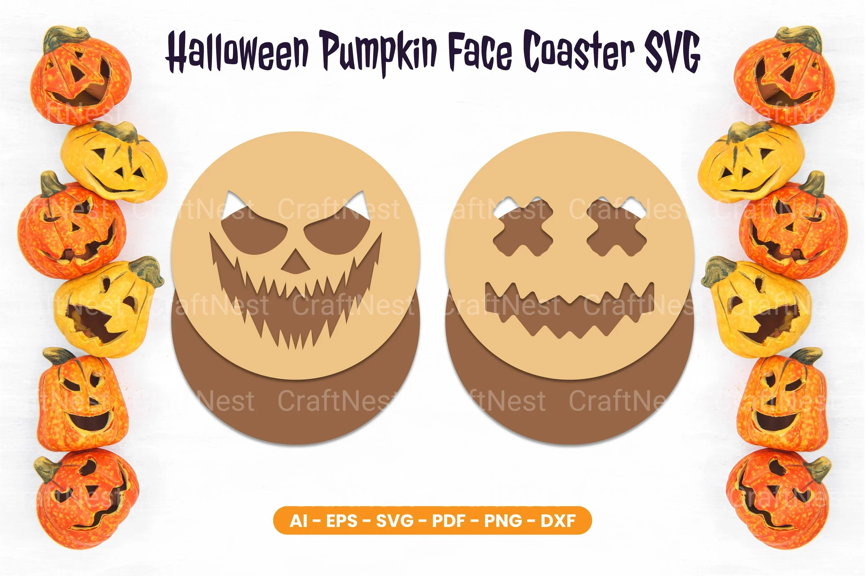 Halloween Pumpkin Face Coaster SVG Bundle - Clipart Bundle - Image 2