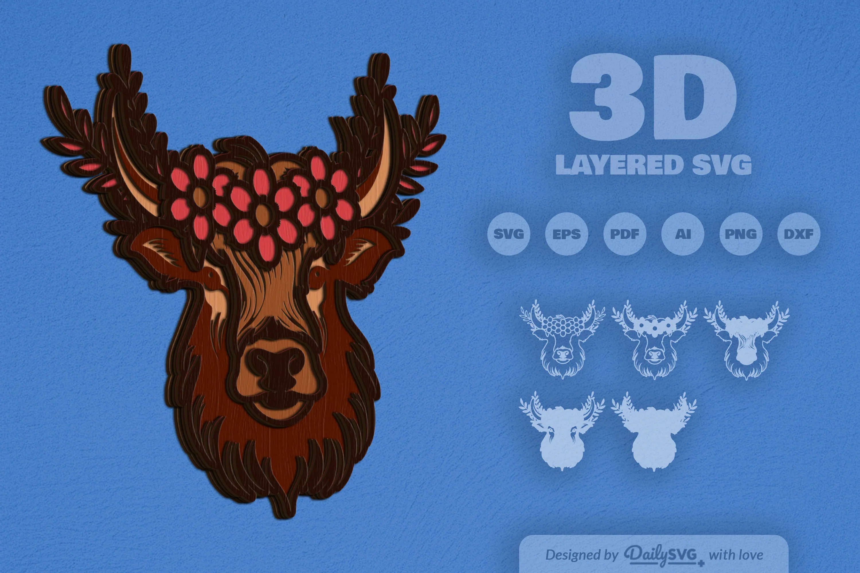 Highland Cow Floral Crown Laser Cut SVG Bundle - Image 2